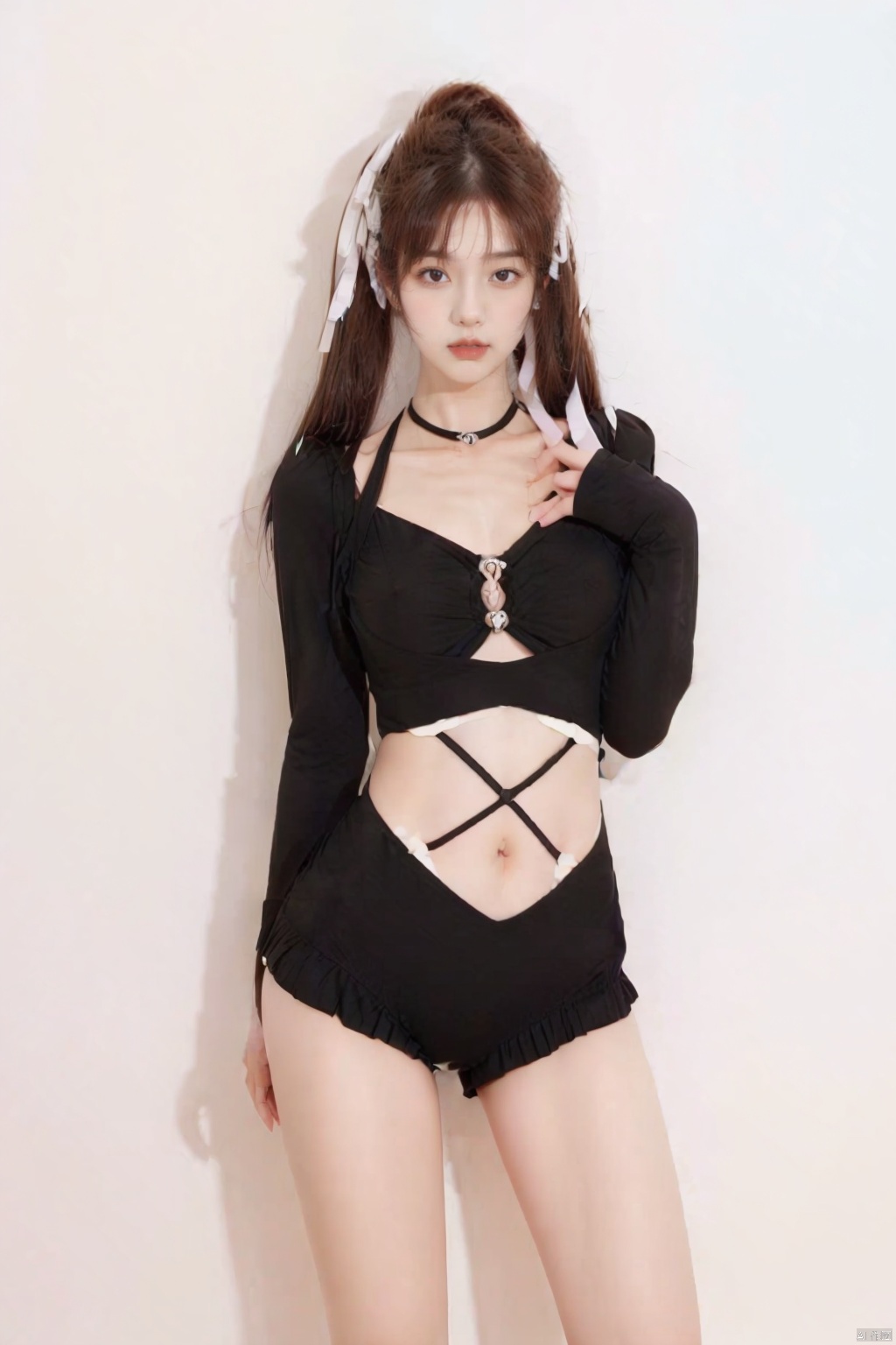  1girl,solo,
Upper Body Body,standing,Simple background,
clothing cutout,Clothes,Navel,hair ribbon,white ribbon, yongyi