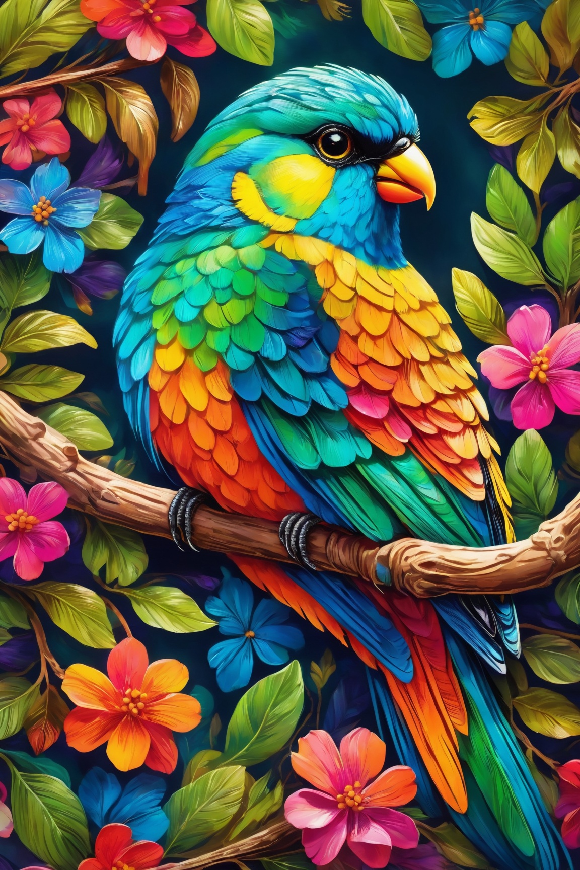 a colorful bird sitting on a tree branch,  capturing the intricate details with macro photography,  vibrant colors and the...