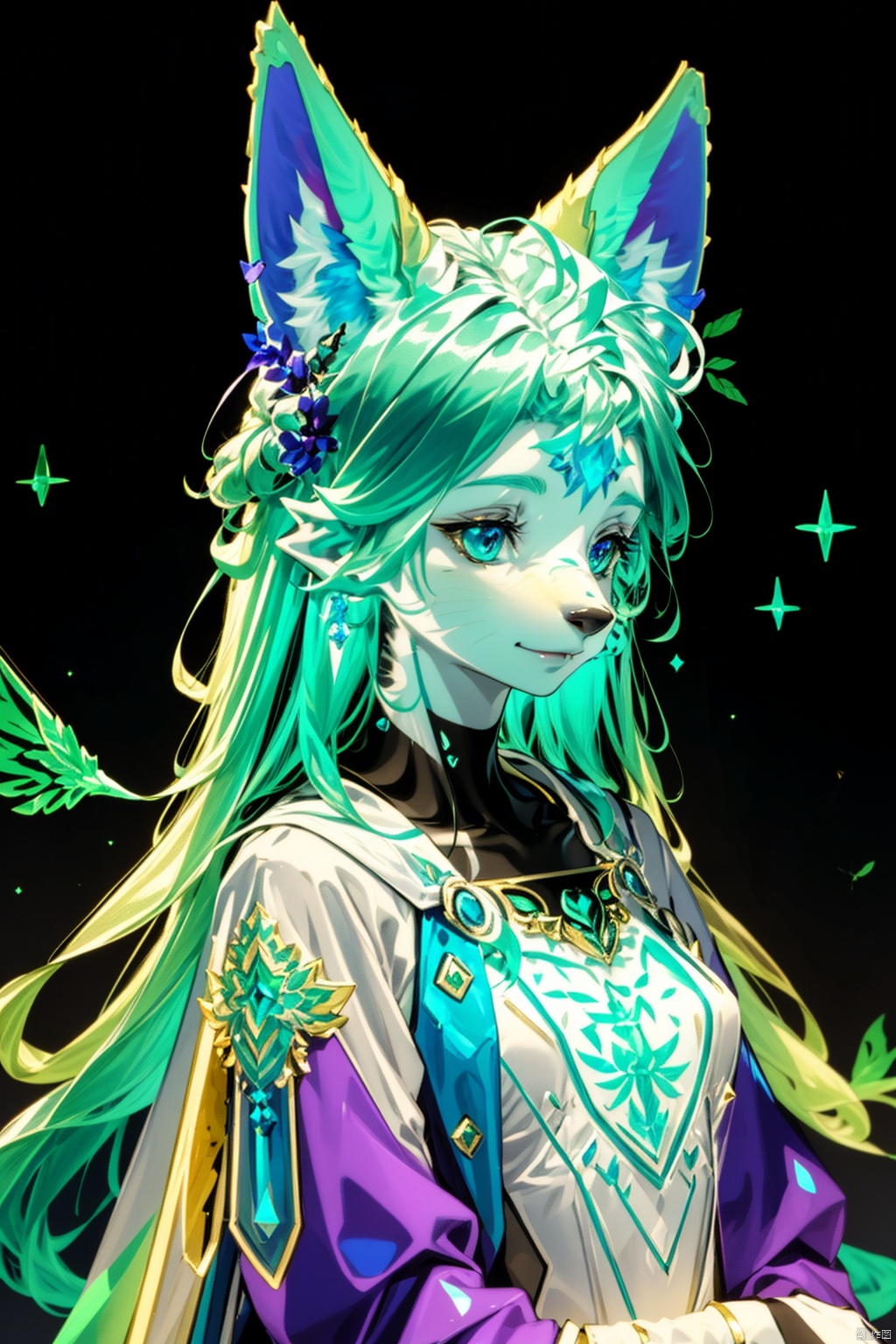  half furry,animal ears,furry:1.3, extremely delicate iridiscent a woman made of Translucent glowing glass, translucent, tiny golden accents, beautifully and intricately detailed, ethereal glow, whimsical, art by Mschiffer, best quality, glass art, magical holographic glow, half furry, FURRY,simple background,in the dark,