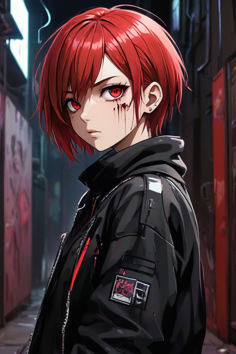 anime teenage girl on a cyberpunk bacstreet alley,  teary eyes,  teenage outfit on Tensor.Art