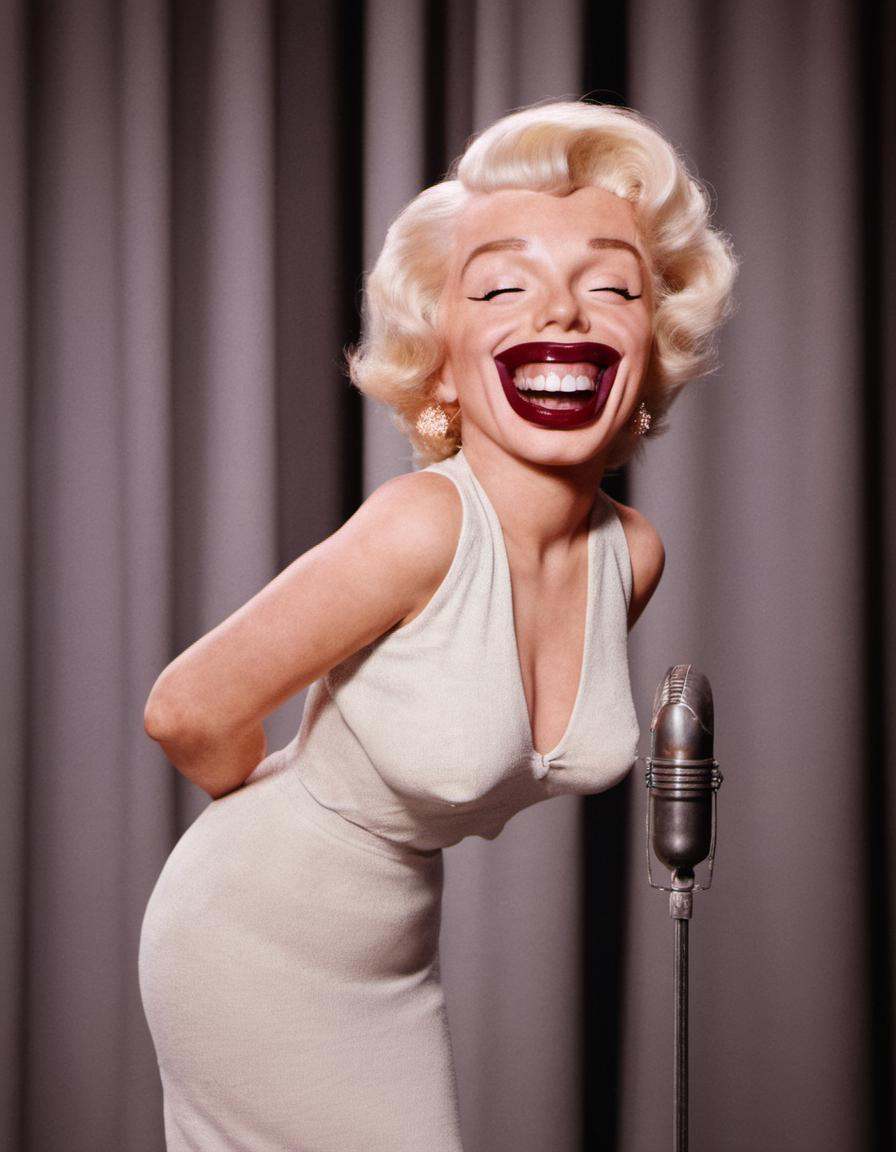 close-up photo of marilyn monroe happy singing on a stage in a dark jazz club with just one spotlight on Tensor.Art