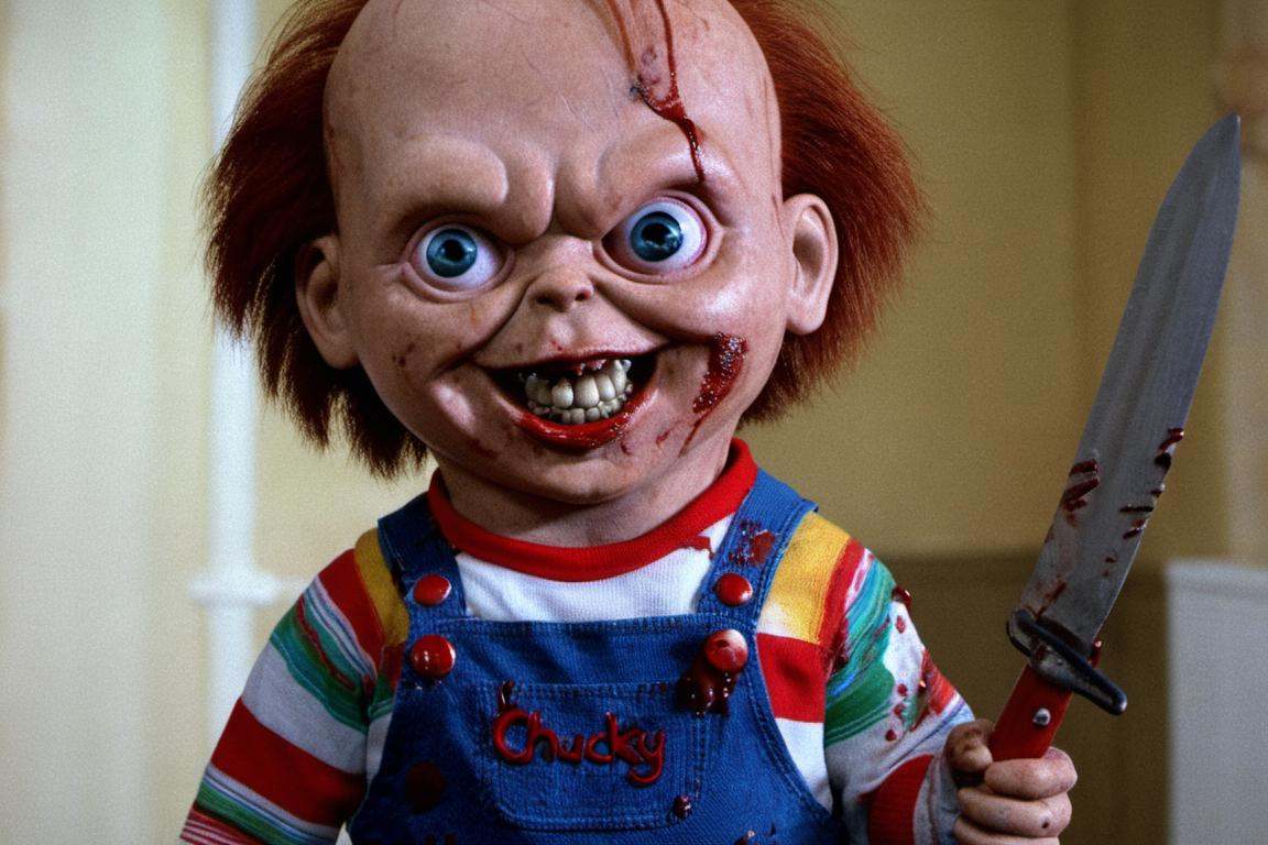 movie still of chucky with big eyes and big evil smile,  holding a bloody knife,  horror 1988 on Tensor.Art