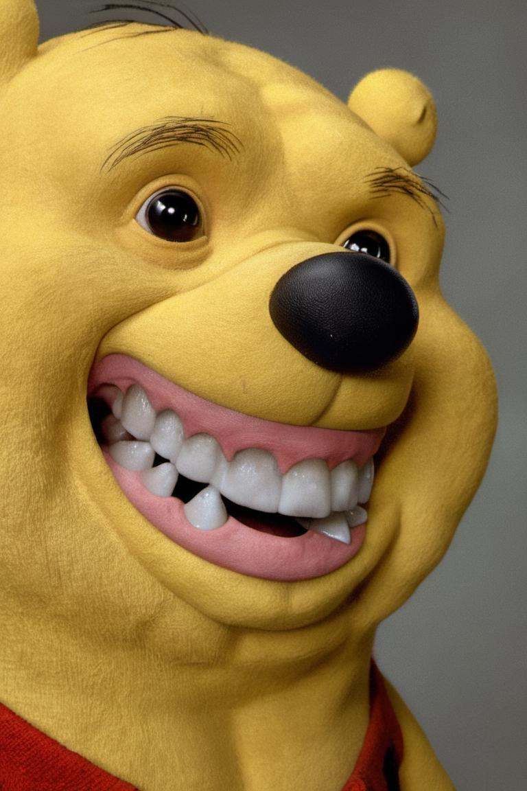 photo of anthropomorphic winnie the pooh,  big eyes and showing teeth on Tensor.Art