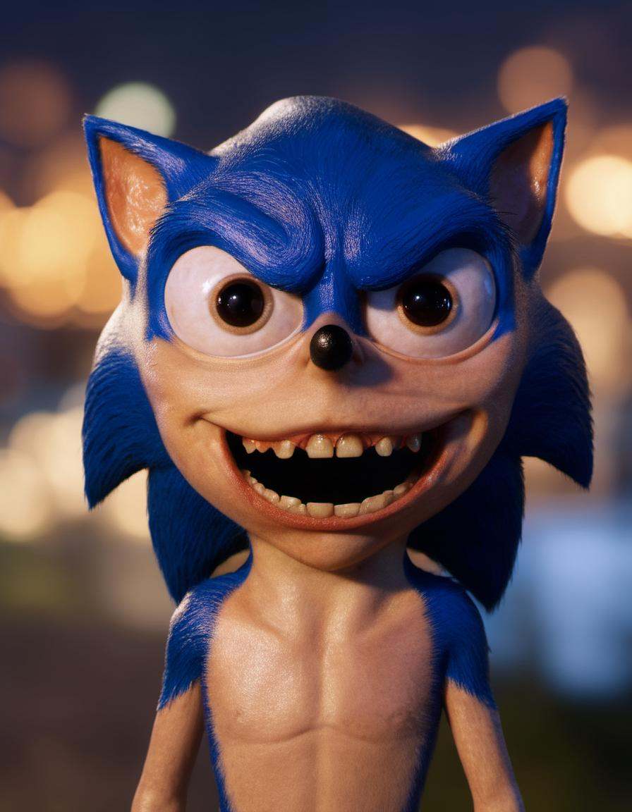 photo of creepy sonic,  big eyes and showing teeth,  game world background at night on Tensor.Art