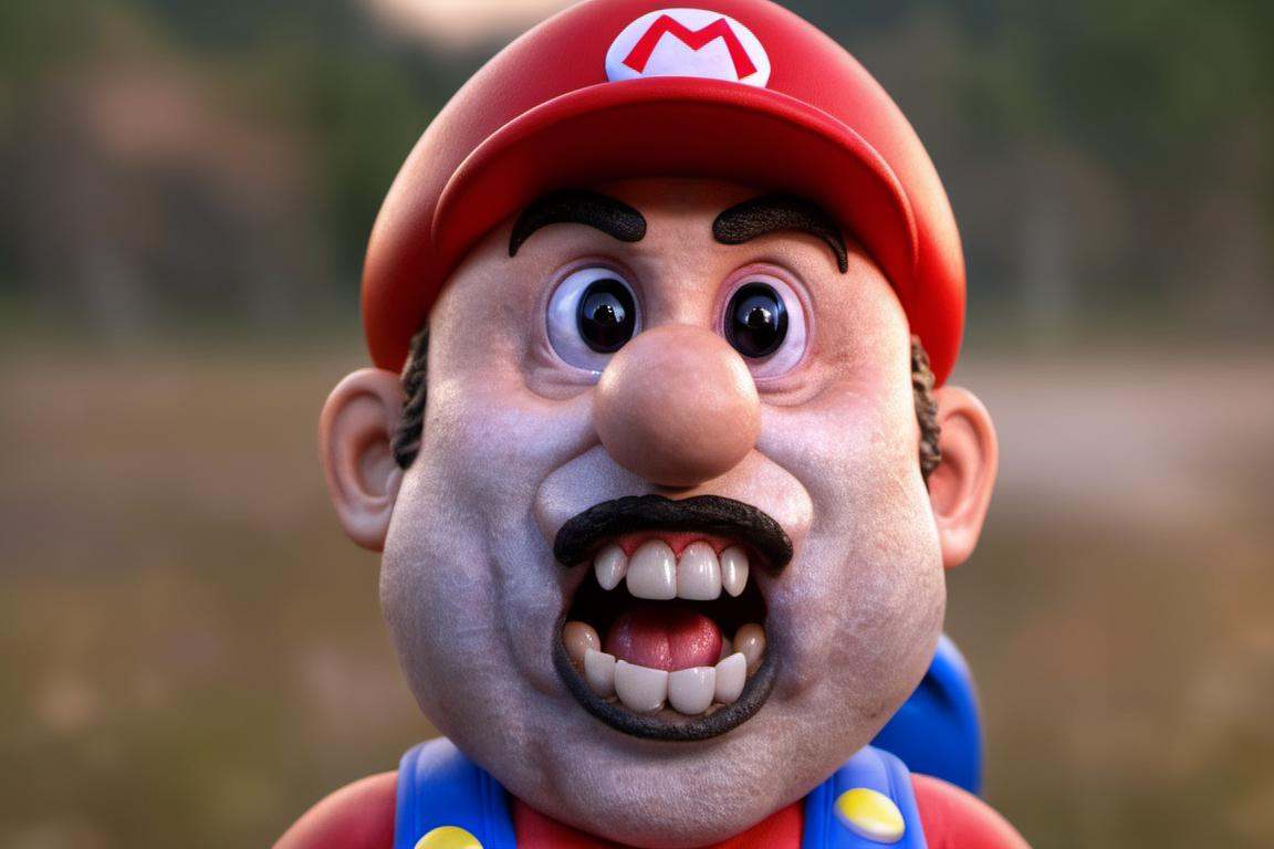 photo of creepy super mario,  big eyes happy and showing teeth,  game world background at night on Tensor.Art