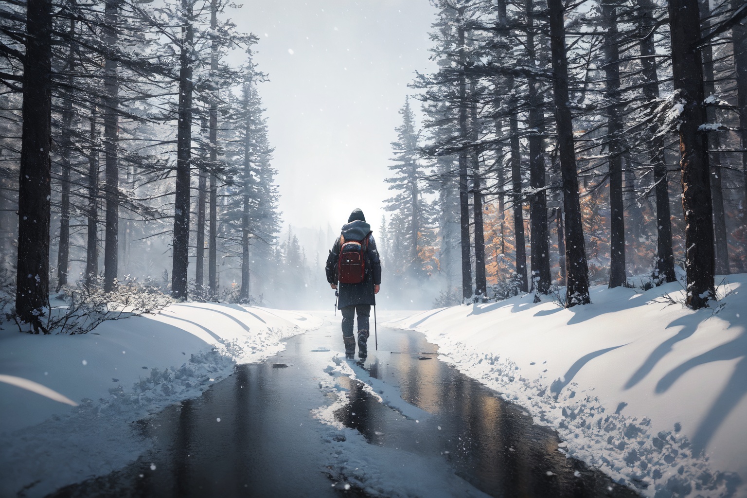 a tree is under the bright lights and water coming down from the snow,  no humans,  tree on Tensor.Art