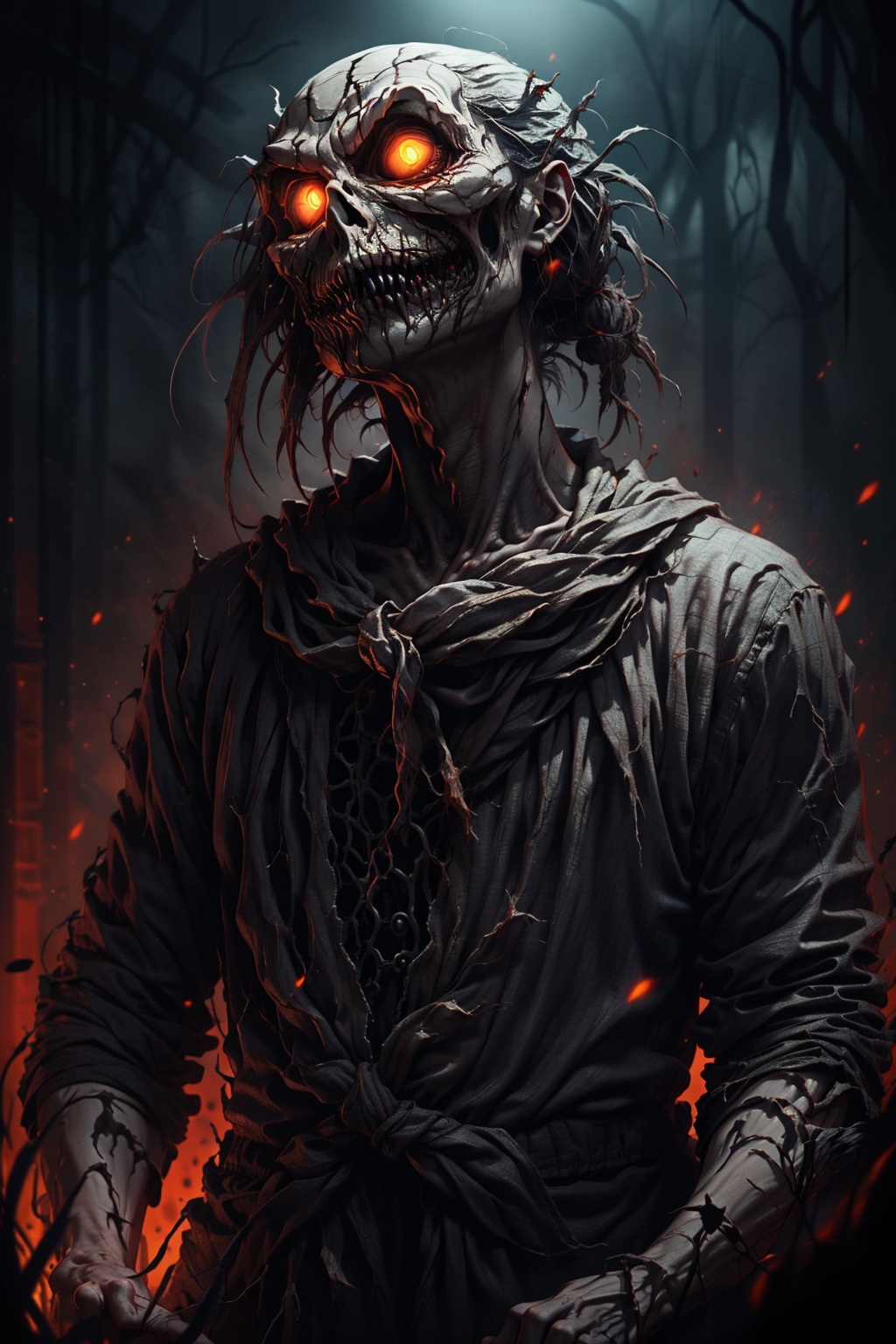 Animate a spine-chilling scene A shadowy figure emerges from the darkness,  revealing a sinister face with glowing,  pierc...