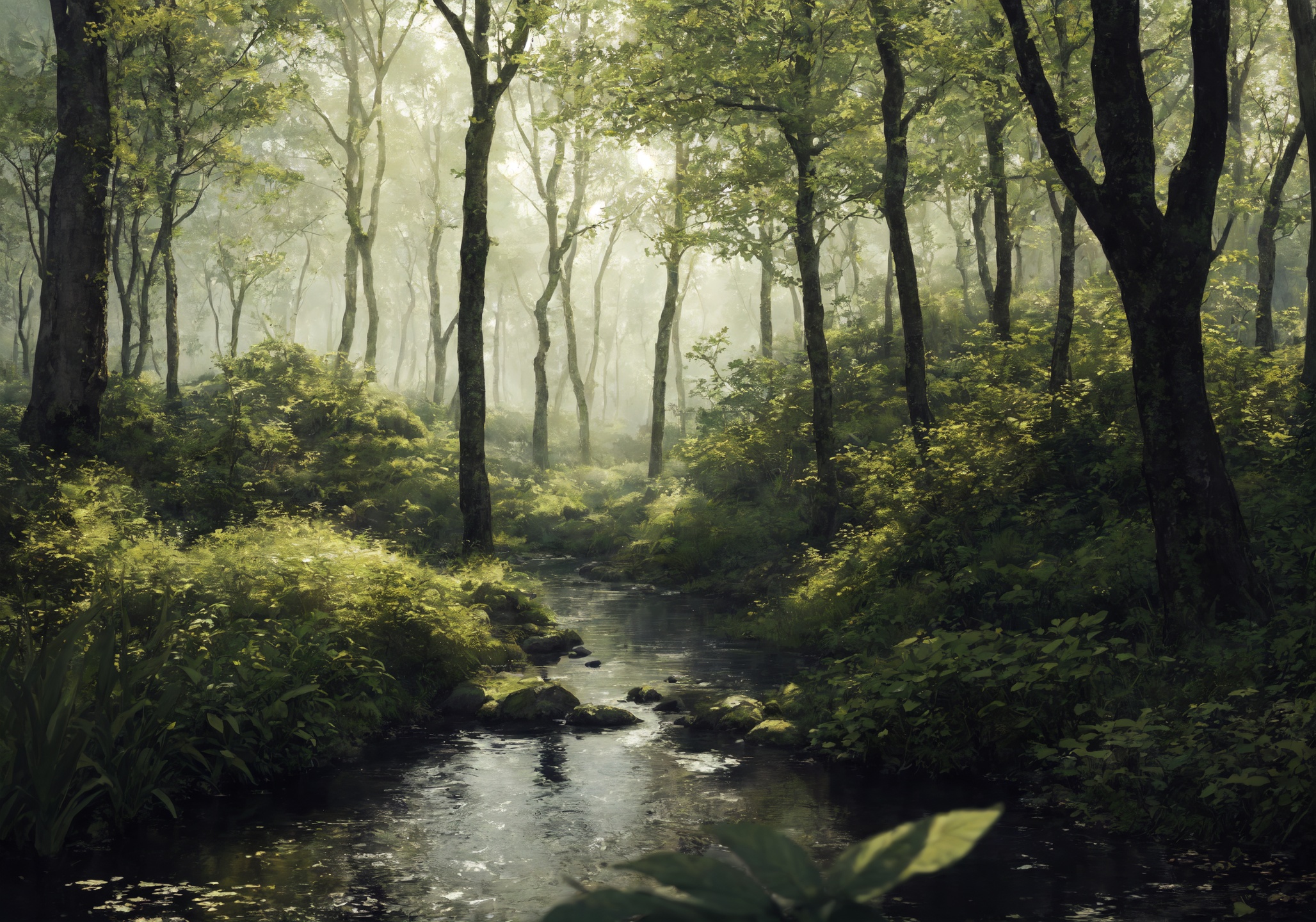 The image features a forest with a small stream running through it. The stream is surrounded by trees,  creating a serene...