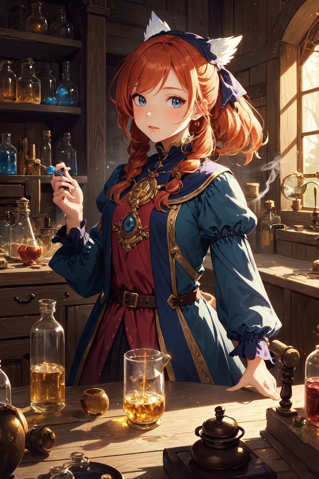 Extremely detailed really cute young ginger woman potion mistress,  magic,  lots of colorful potions on Tensor.Art