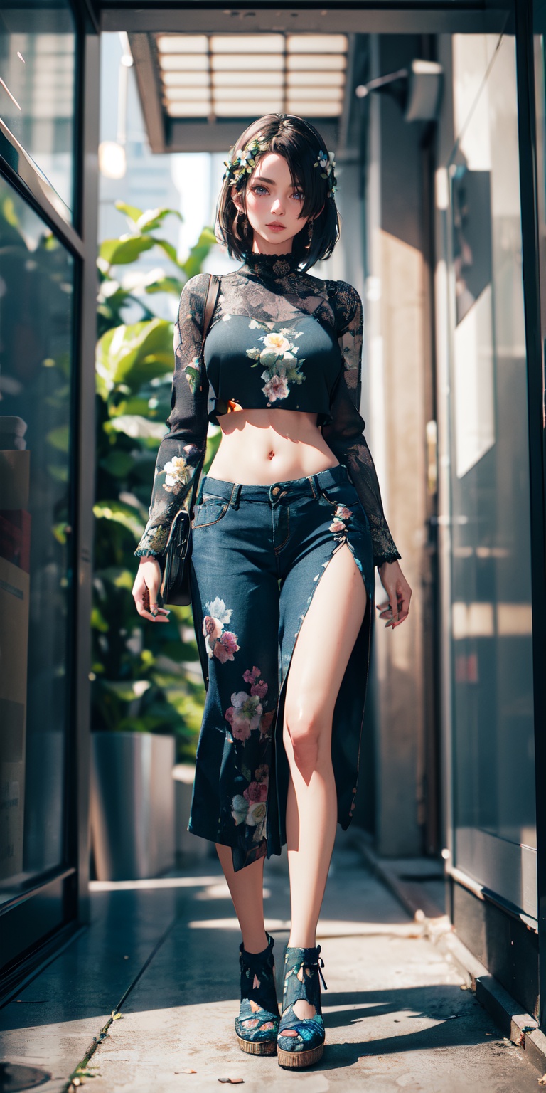 Full body,  fashion photography portrait of blue human avatar,  in blue lush jungle with flowers and birds on Tensor.Art