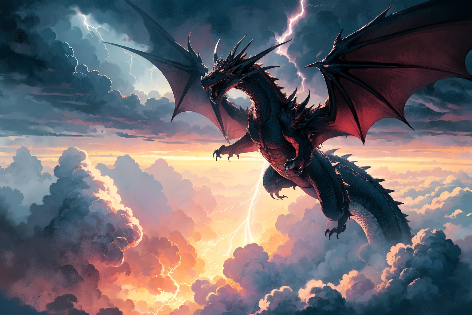 Generate hyper realistic image of a colossal dragon soaring amidst stormy clouds,  its wings causing thunder to rumble. Th...