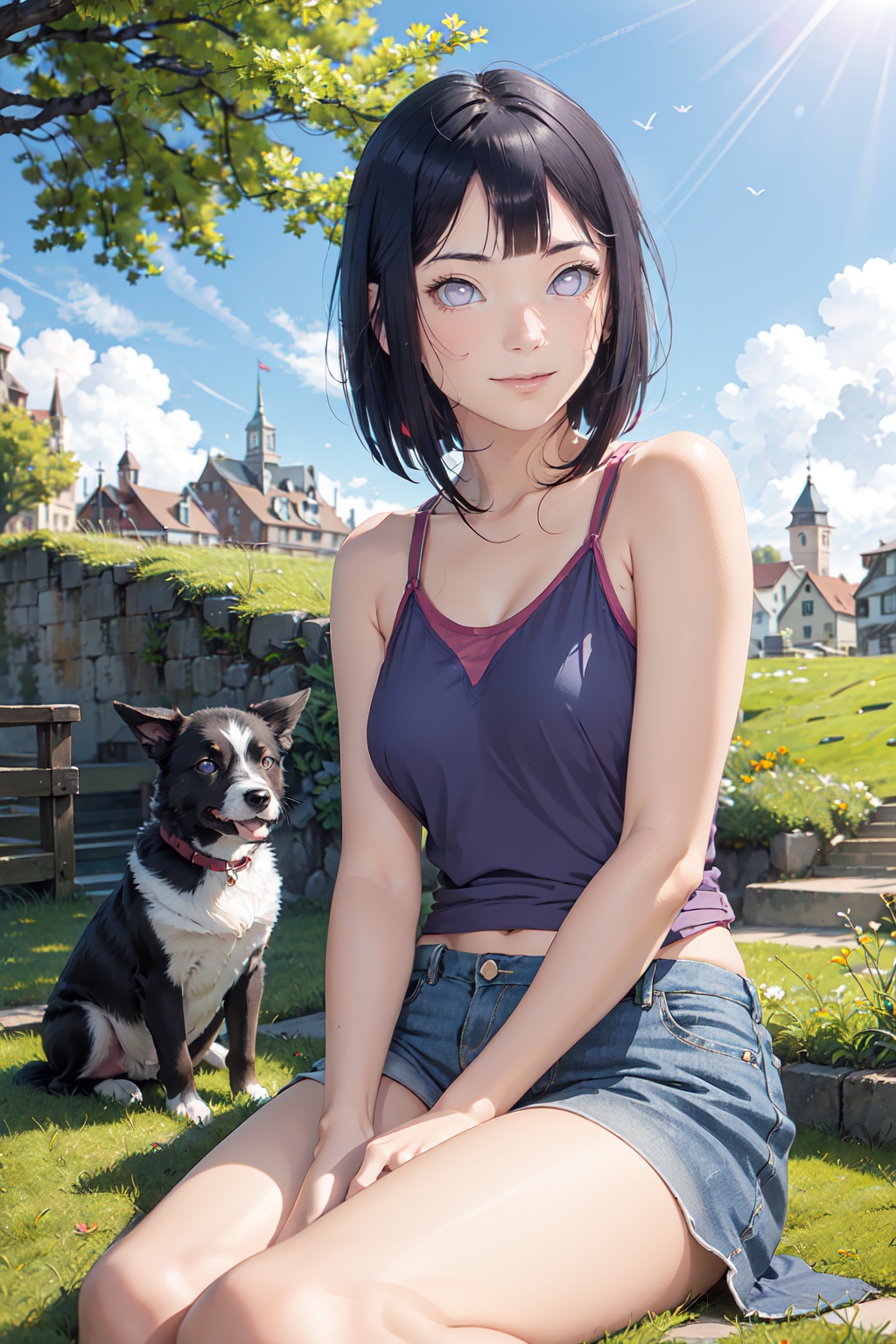 Under the blue sky,  the young girl gracefully sat down on the lush grass,  and the puppy faithfully nestled beside her. H...