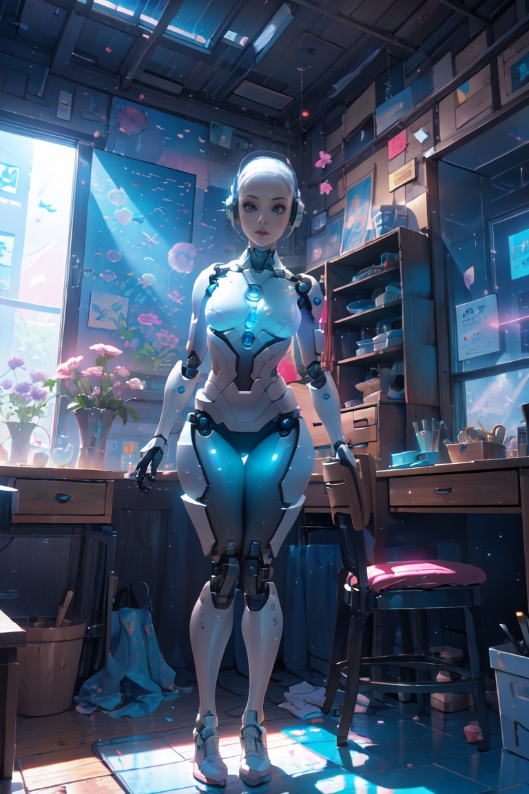 figure of biomechanical cyborg little girl made of glass was (picking a flower by hands),  transparent,  see-through intri...