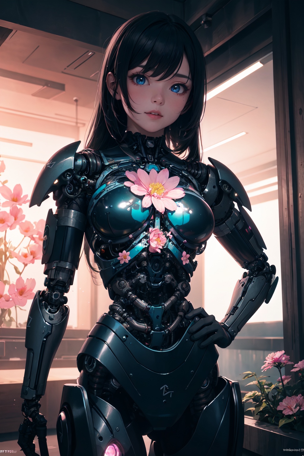 figure of biomechanical cyborg little girl made of glass was (picking a flower by hands),  transparent,  see-through intri...