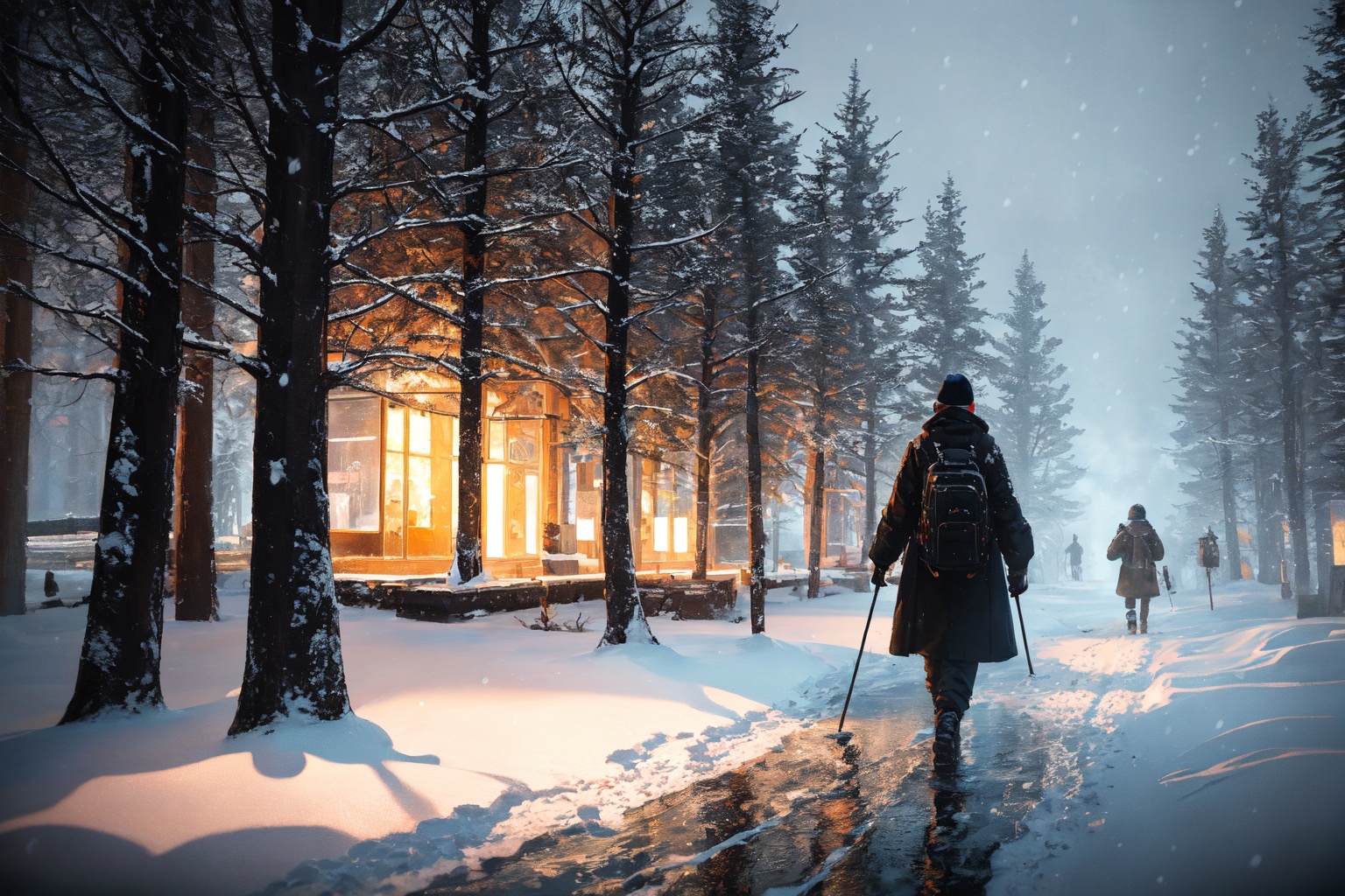 a tree is under the bright lights and water coming down from the snow,  no humans,  tree on Tensor.Art