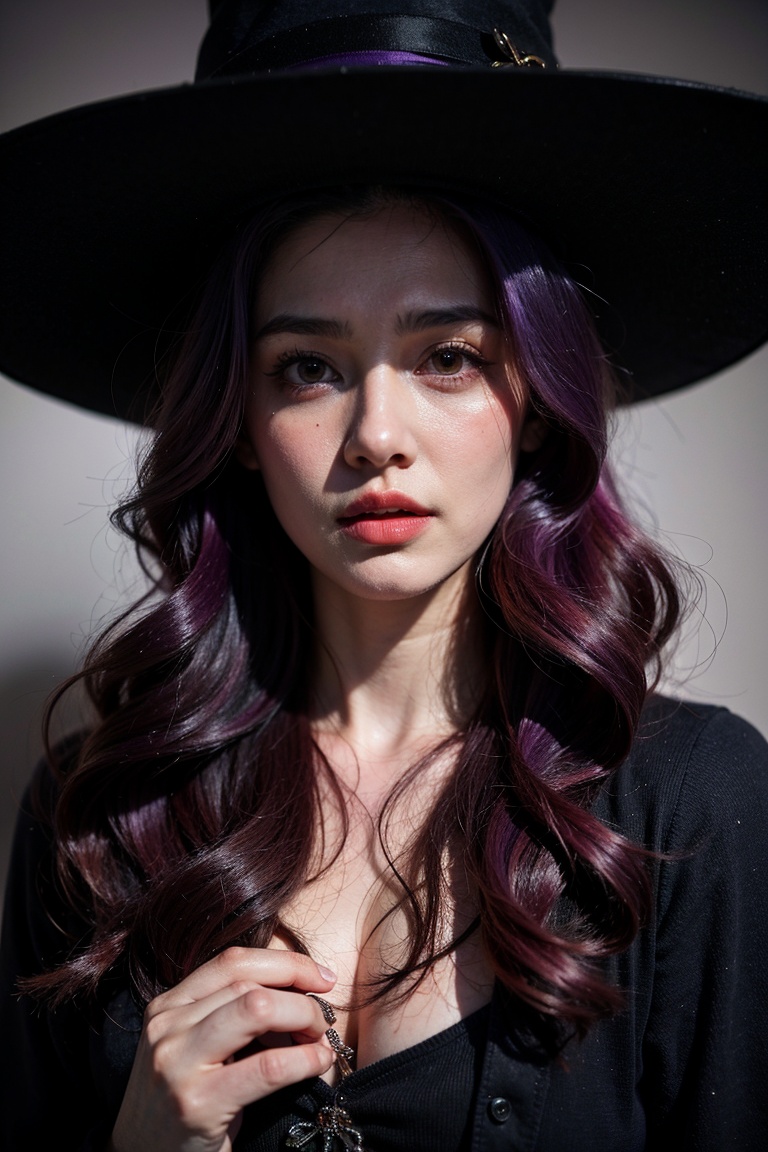Close up Realistic,  Beautiful witch with Purple hair ,  Scare Face on Tensor.Art