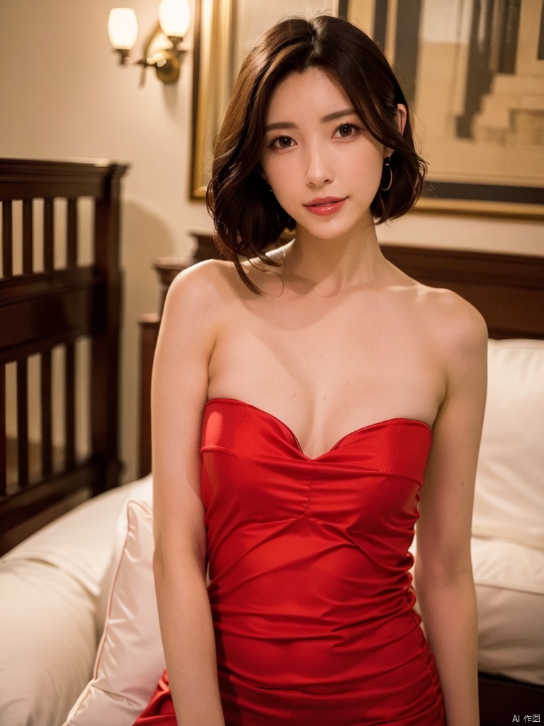  1, 1girl, short hair, brown hair, solo, dress, brown eyes, looking at viewer, holding, red dress, parted lips, bare shoulders, indoors, lips, upper body, sleeveless