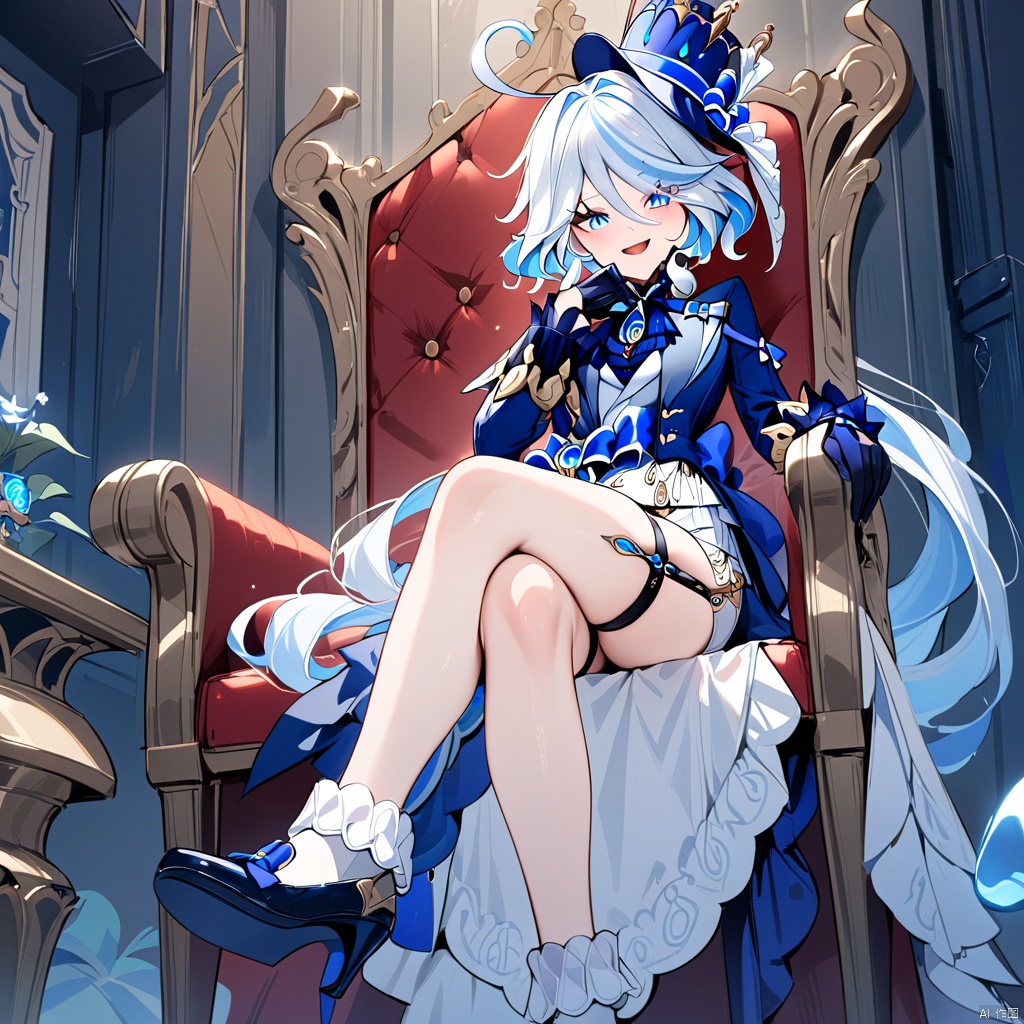  1girl, furina \(genshin impact\), heterochromia, mismatched gloves, top hat, blue jacket, ascot, waist bow, short shorts, thigh strap, high heels, frilled socks, waist cape, looking at viewer, sitting, smug, open mouth, ojou-sama pose, crossed legs, throne, indoors, , masterpiece, furina
