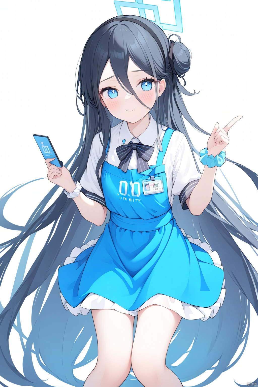  1girl,(masterpiece:1.3),( beautiful:1.2),(high quality:1.2),(finely detailed:1.2),extremely detailed CG unity 8k wallpaper,best quality,a very delicate and beautiful,perfect fingers,(one cute girl at the center:1.2),blush,shirt,bow,very long hair,white shirt,short sleeves,striped,collared shirt,bowtie,apron,halo,scrunchie,striped bow,wrist scrunchie,id card,blue apron, soraBA, aliceBA,
blue eyes,(black hair),hair between eyes,very long hair,hairband,halo,black hairband,absurdly long hair,dark blue hair,aris\(bluearchive\)