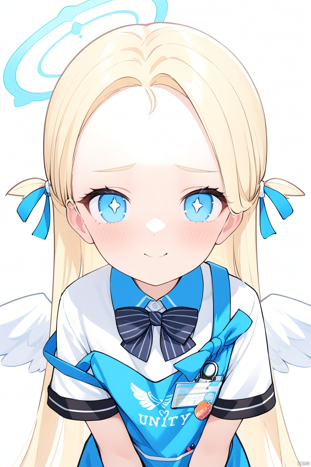  1girl,(masterpiece:1.3),( beautiful:1.2),(high quality:1.2),(finely detailed:1.2),extremely detailed CG unity 8k wallpaper,best quality,a very delicate and beautiful,perfect fingers,(one cute girl at the center:1.2),soraBA,blush,blue eyes,blonde hair,shirt,bow,very long hair,closed mouth,white shirt,short sleeves,wings,striped,collared shirt,bowtie,apron,halo,scrunchie,bright pupils,forehead,striped bow,wrist scrunchie,id card,blue apron, soraBA