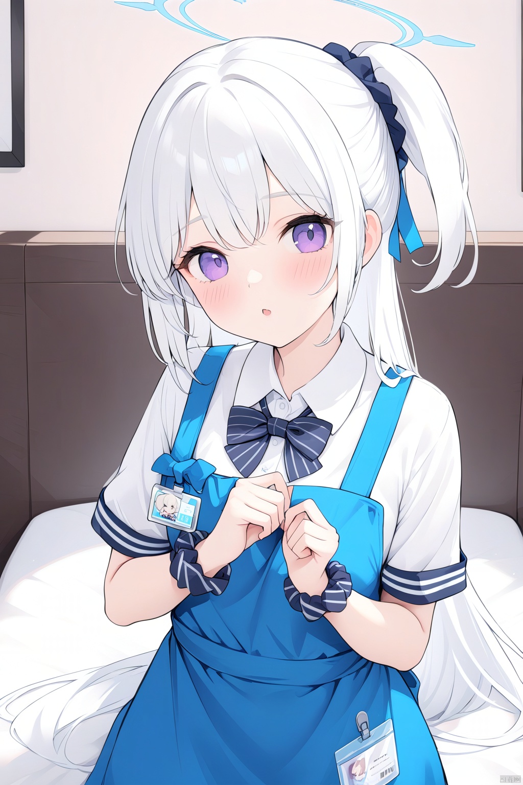  1girl,(masterpiece:1.3),( beautiful:1.2),(high quality:1.2),(finely detailed:1.2),extremely detailed CG unity 8k wallpaper,best quality,a very delicate and beautiful,perfect fingers,(one cute girl at the center:1.2),blush,shirt,bow,very long hair,white shirt,short sleeves,striped,collared shirt,bowtie,apron,halo,scrunchie,striped bow,wrist scrunchie,id card,blue apron, soraBA, , miyakoBA,
purple eyes,white hair,rabbitears,

