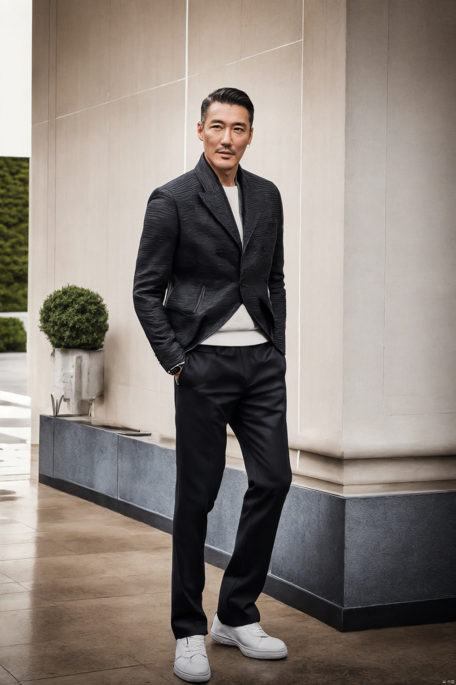  jzns,hbing,1man,fashion model,male focus,asian,mature,40 y.o,exquisite facial features,handsome,fashion forward,standing,black jacket,pants,white footwear,(full shot),masterpiece,realistic,best quality,highly detailed,hbing, jzns
