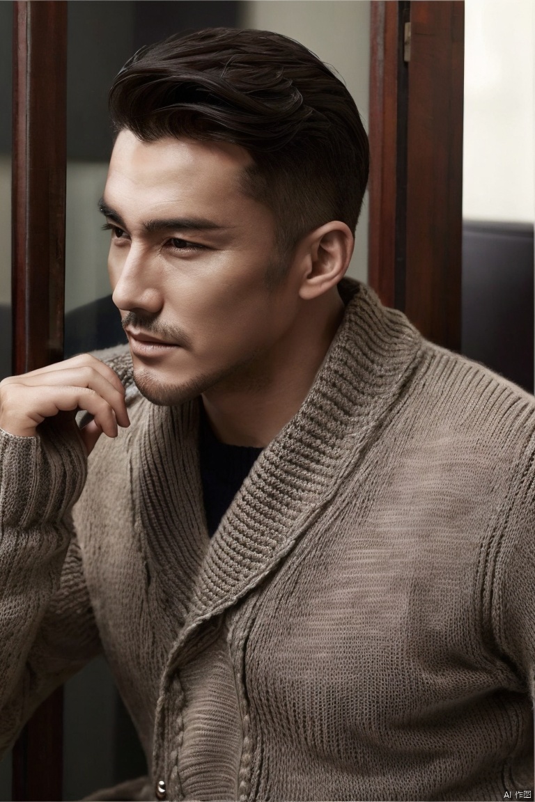  jzns,hbing,1man,fashion model,male focus,asian,mature,exquisite facial features,handsome,fashion forward,sweater,masterpiece,realistic,best quality,highly detailed,hbing, jzns