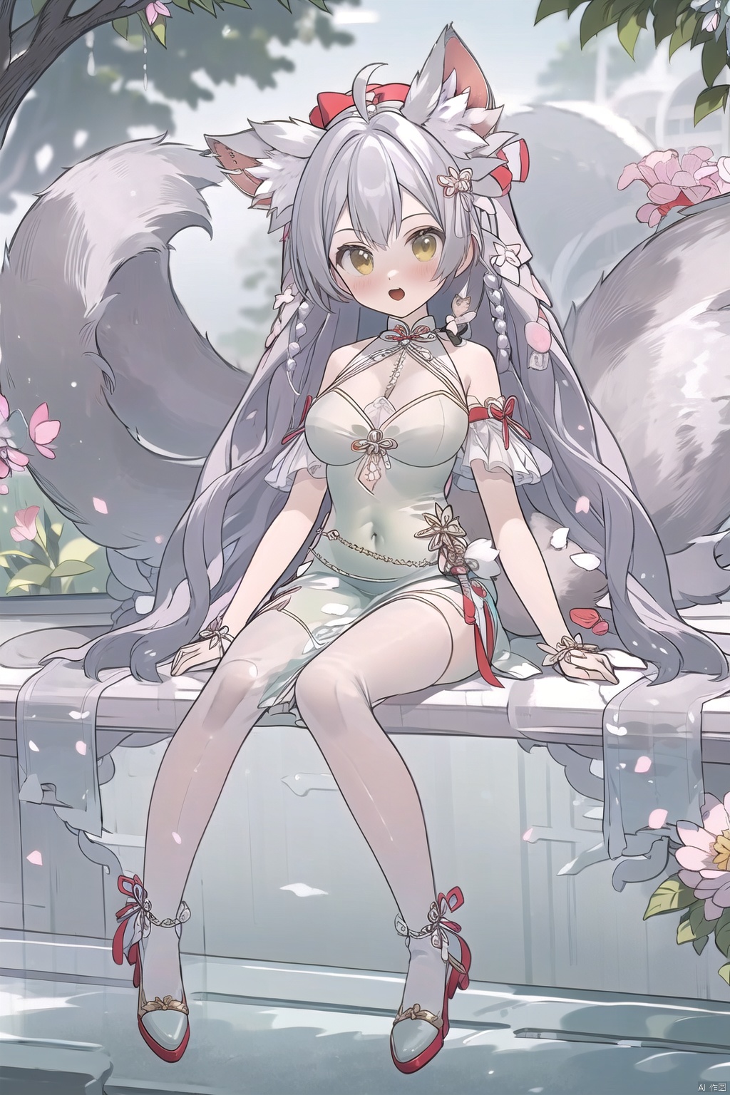 Mayori, hat, full body ,  outside garden, park, sunshine,  Moe,big ears, big tail, sitting