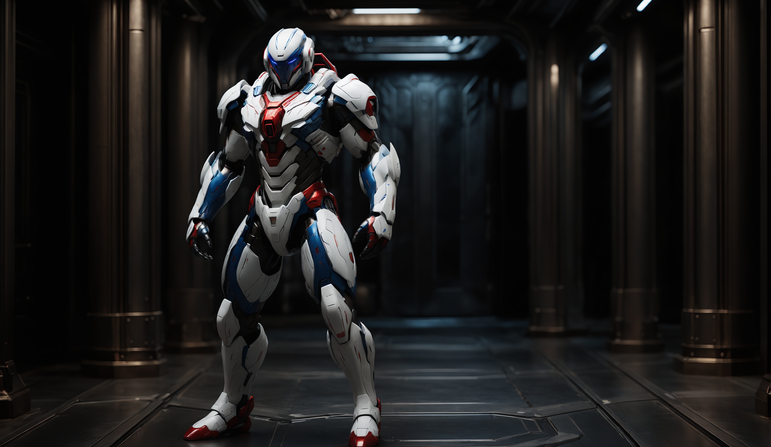robot,mecha, standing, dynamic pose,science fiction character, futuristic, armor, mechanical design,white color scheme,blue and red accents, dark atmosphere, sci-fi, cinematic lighting, detailed textures, advanced technology, blurred background   <lora:robot_1:0.6>