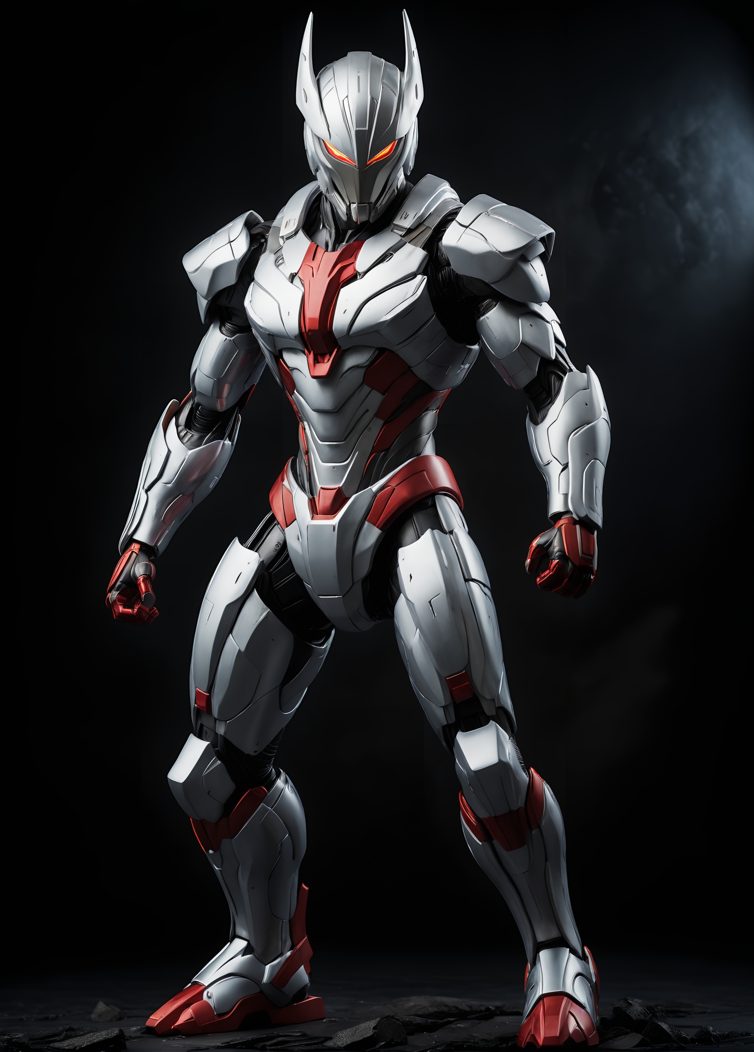 robot,mecha, three-quarter view, full body, concept art,Ultraman，(silvery  color scheme:1.2),  aggressive stance, mechanical design,futuristic, horns,bipedal, high detail, complex joints,studio lighting, reflective surfaces, metal texture,  helmet，Complex details, (wear and tear:1.2)，cable,dark background,blurry background,    <lora:robot_1:0.6>