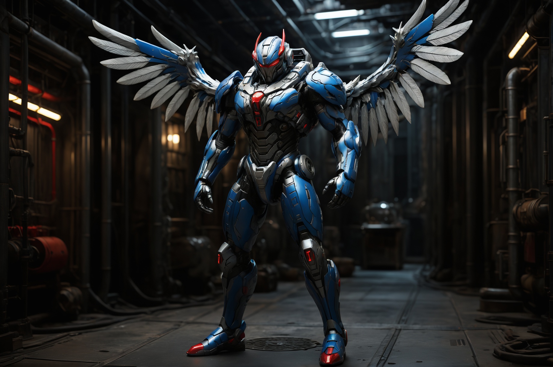 robot,mecha, standing, dynamic pose,science fiction character, futuristic, armor, mechanical design,blue color scheme,(red accents:1.5), metal wings,LED light,dark atmosphere,( Industrial environment:1.6)，Pipes, cables，sci-fi, cinematic lighting, detailed textures, advanced technology, blurred background   <lora:robot_1:0.6>