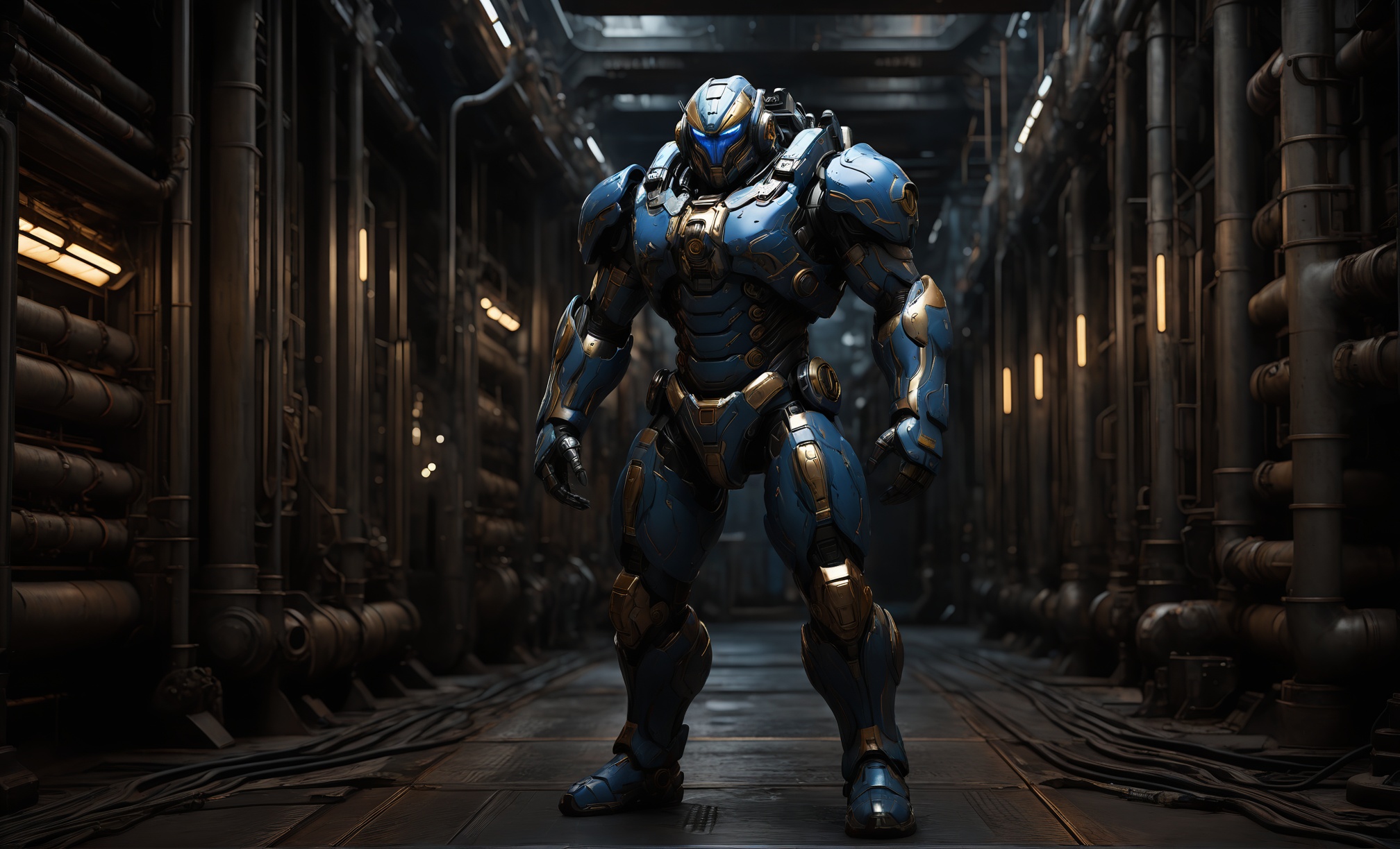 robot,mecha, standing, dynamic pose,science fiction character, futuristic, armor, mechanical design,blue color scheme,(gold accents:1.5), LED light,dark atmosphere,( Industrial environment:1.6)，Pipes, cables，sci-fi, cinematic lighting, detailed textures, advanced technology, blurred background   <lora:robot_1:0.6>