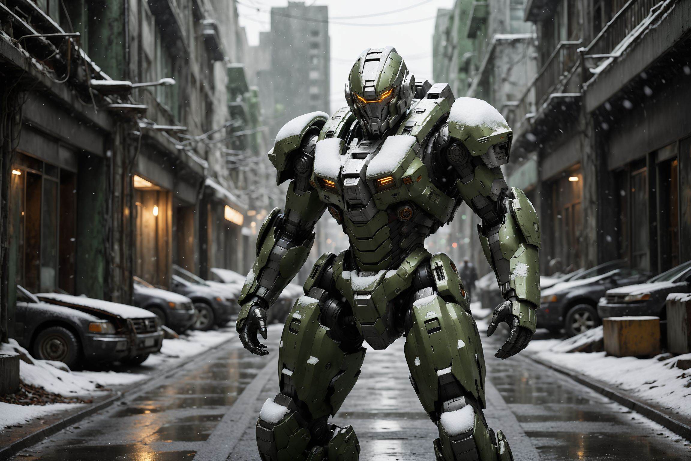 robot, humanoid, dynamic pose,science fiction character, futuristic,(snowing:2)， armor,huge robot, (Heavy mecha:1.5)，mechanical design, (wear and tear:1.8),light green  color scheme,silvery accents，(holding Gatling:1.5), urban setting,  dark atmosphere, sci-fi, cinematic lighting, detailed textures, advanced technology,   abandoned city, blurred background   <lora:robot_1:0.4>