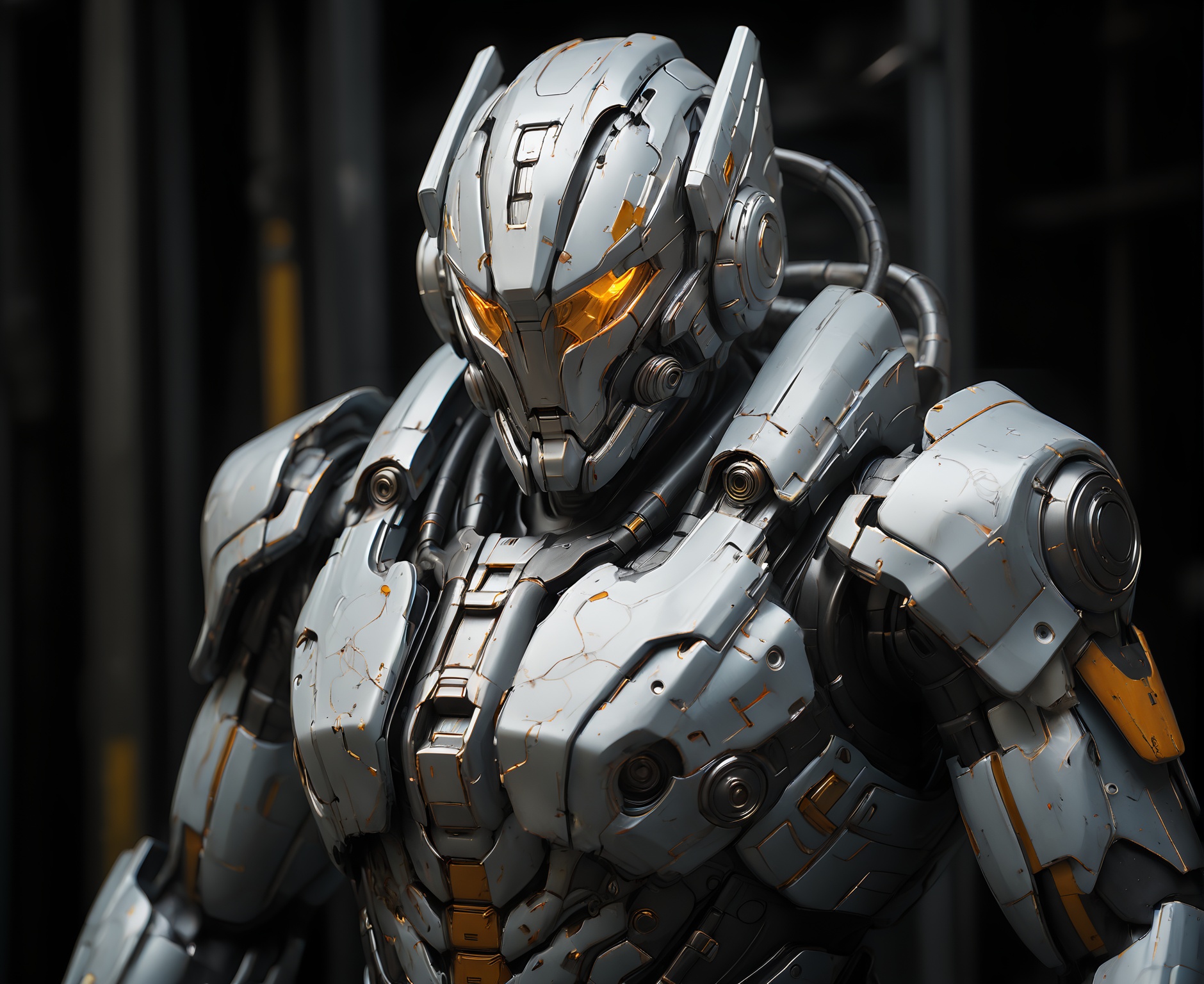 robot,mecha, three-quarter view, close-up,(protrait:1.4), concept art,(silvery  color scheme:1.5),  mechanical design,futuristic, high detail, complex joints, reflective surfaces, metal texture,Complex details, (wear and tear:1.6)，cable,dark background,blurry background,    <lora:robot_1:0.7>
