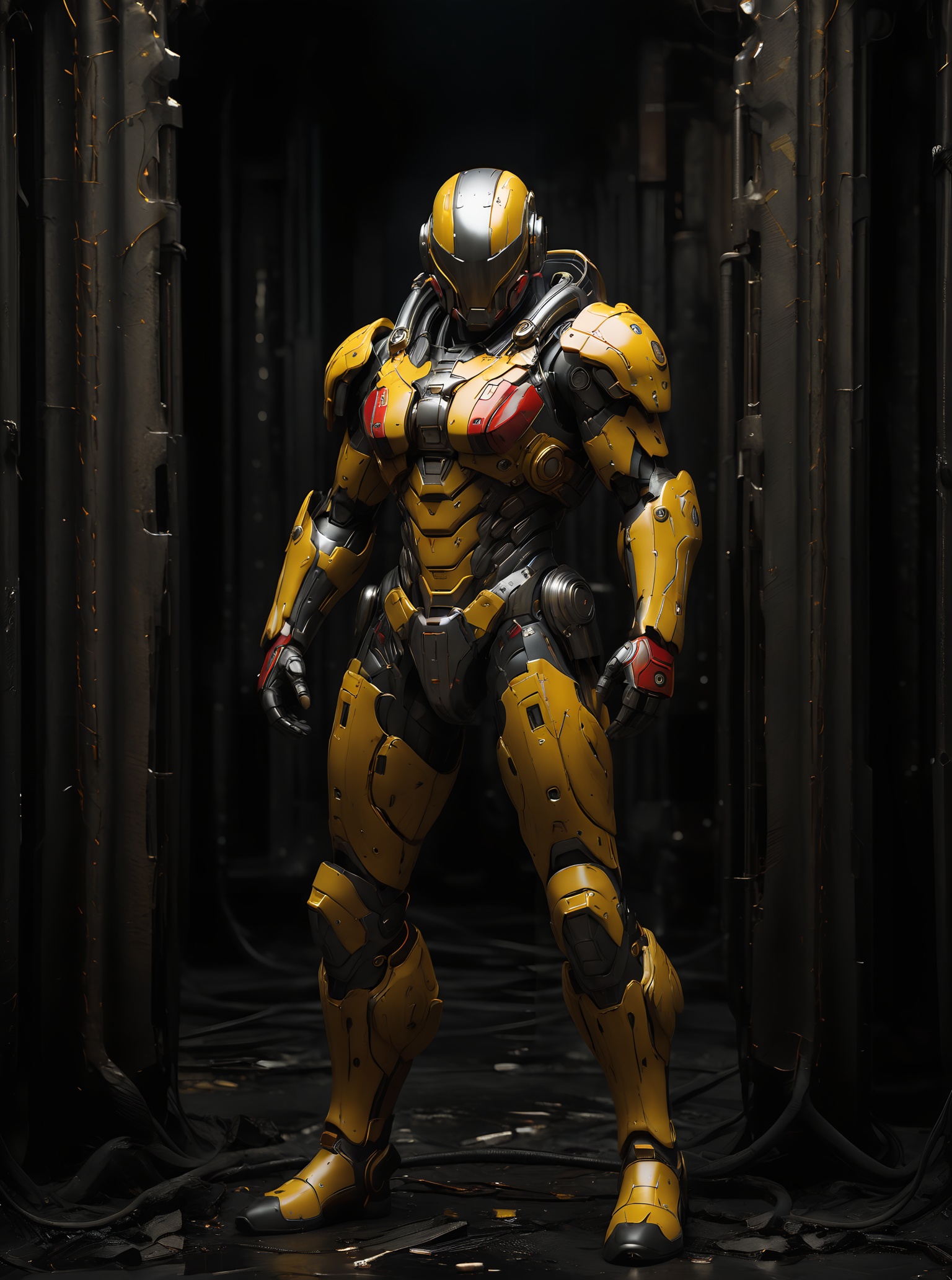 robot, armor,full body,standing pose, (red and yellow color scheme:1.2), gold accents, helmet，Complex details, (wear and tear:1.2)，cable,dark background,blurry background,    <lora:robot_1:0.7>