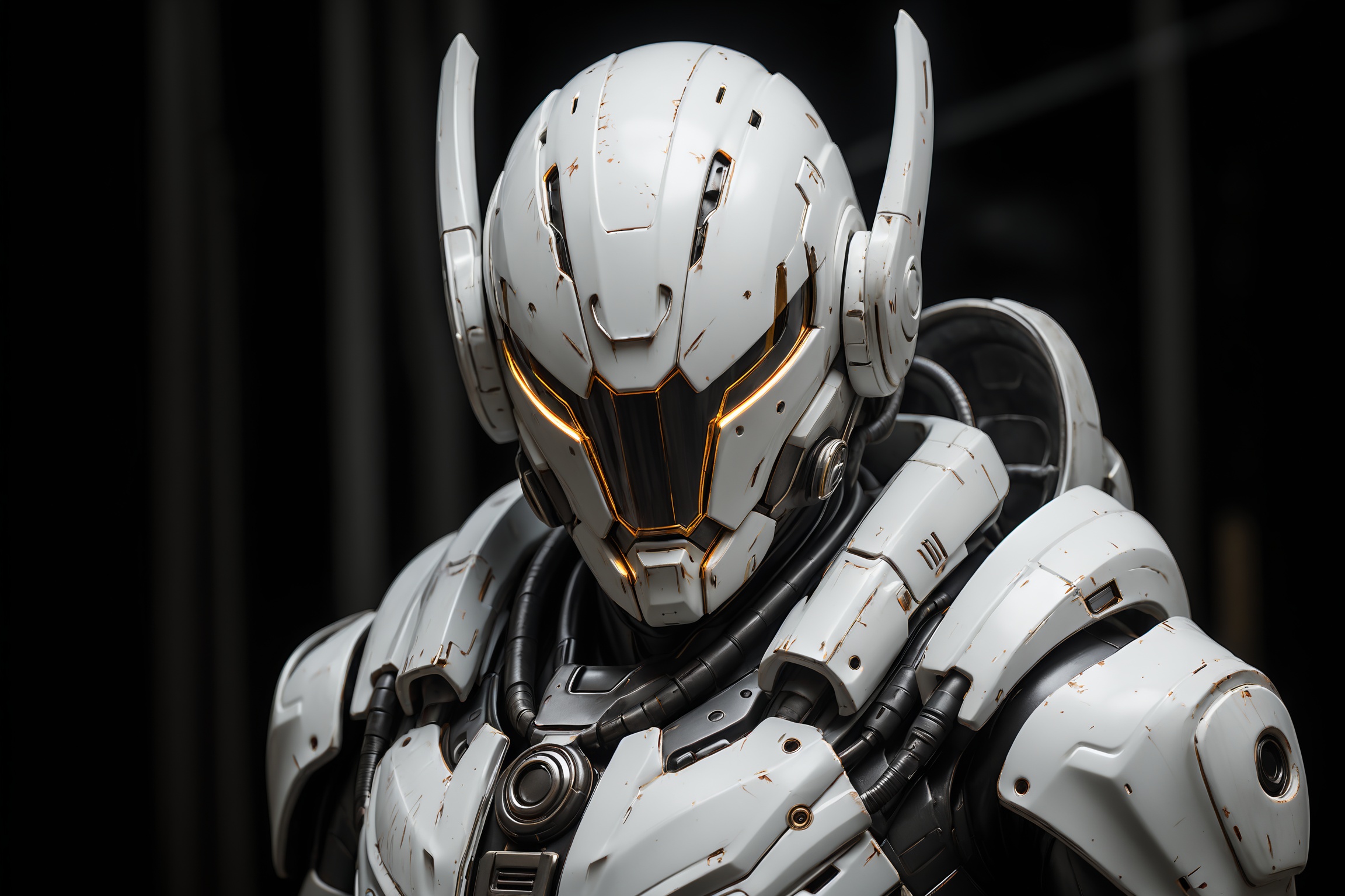 robot,three-quarter view, (close-up:1.5),(protrait:1.2), concept art,(white  color scheme:1.5),Gorgeous design，Metal Helmet，(LED lights:1.5), mechanical design,futuristic, (wear and tear:1.5)，reflective surfaces, metal texture,cable,dark background,blurry background,    <lora:robot_1:0.6>