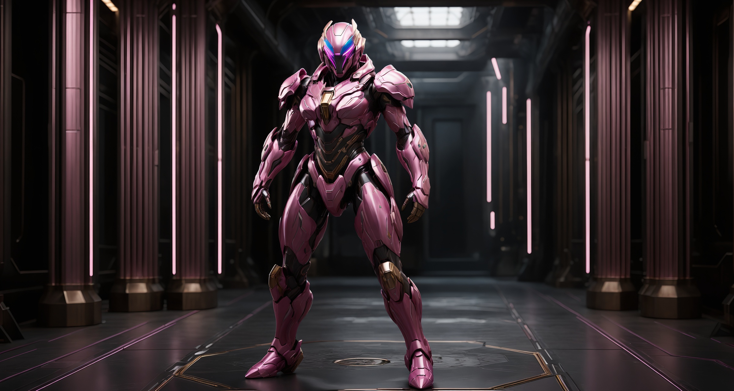 robot,mecha, standing, dynamic pose,science fiction character, futuristic, armor, mechanical design,pink color scheme,(gold accents:1.5), LED light,dark atmosphere, Industrial environment，sci-fi, cinematic lighting, detailed textures, advanced technology, blurred background   <lora:robot_1:0.6>