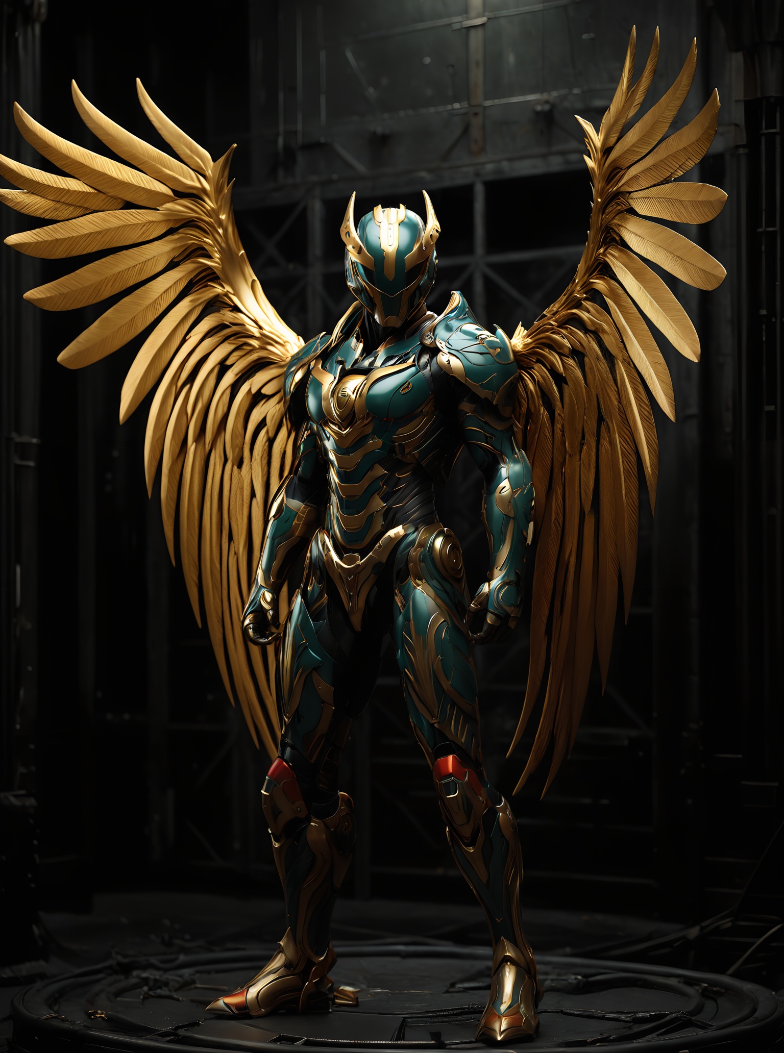 robot, armor,full body,standing pose, (red and yellow color scheme:1.2), gold accents, helmet，golden wings,horns,Complex details, (wear and tear:1.2)，cable,dark background,blurry background,    <lora:robot_1:0.7>