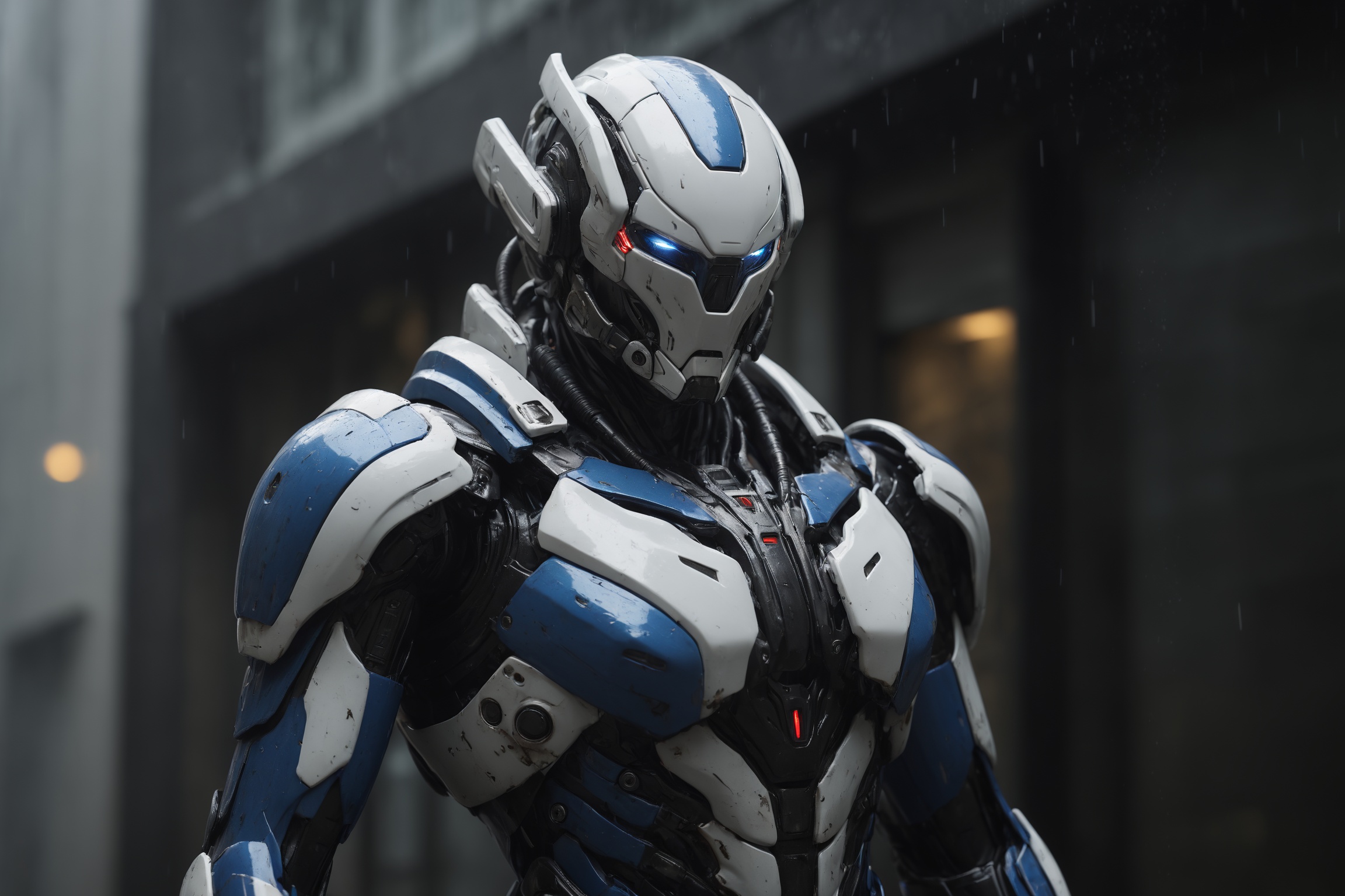 robot,mecha,close up,protrait, humanoid,science fiction character, futuristic, armor, mechanical design,(blue and white color scheme:1.5),silvery accents,(wear and tear:1.5)，Gorgeous design，LED light,dark atmosphere，rain,street,building,sky,sci-fi, cinematic lighting, (detailed textures:1.5), advanced technology, blurred background   <lora:robot_1:0.6>