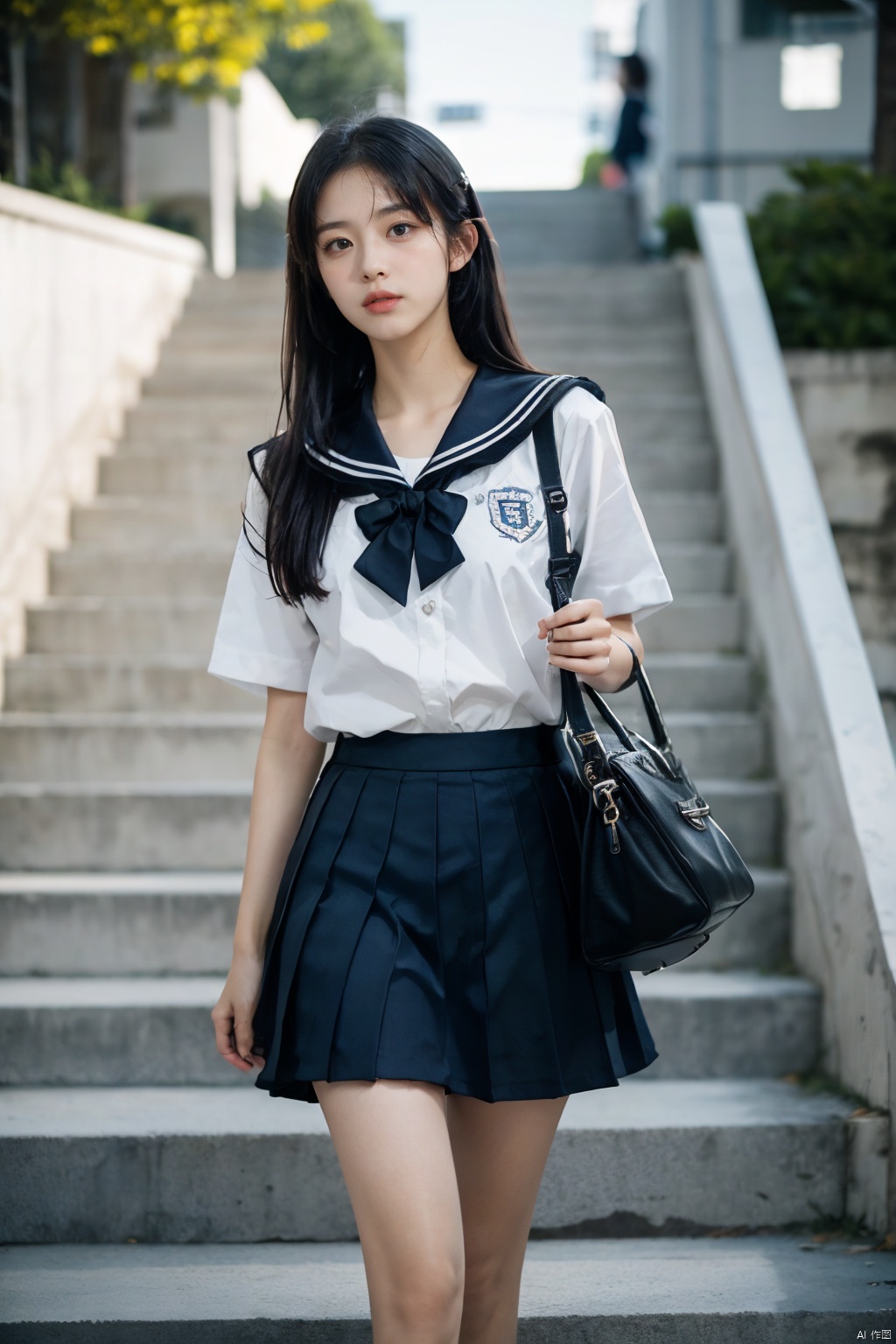 Ultra-realistic 8k CG,masterpiece,best quality,(photorealistic:1.4),HDR,absurdres,Professional,RAW photo,lens flare,(film grain:1.1),Bokeh,((Depth of field)),studio light,a young girl in a uniform while standing on steps with a railing in the background, 1girl, black_hair, long_hair, pleated_skirt, sailor_collar, serafuku, school_uniform, shoulder_bag, skirt, solo, stairs, Highly detailed,Professional,extreme detail description,skateboard park, tricks, (freestyle:1.2), (youth culture:1.1), concrete ramps, graffiti,blurry<lora:EMS-309664-EMS:0.800000>