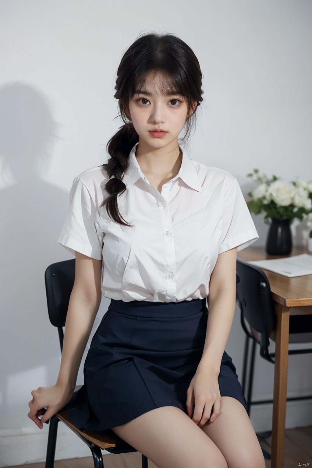 girl,solo,skirt,chair,sitting,shirt,twintails,long hair,looking at viewer,short sleeves,indoors,white shirt,brown hair,realistic,bangs,blurry,black skirt,ribbon,blurry background,blue ribbon,brown eyes,on chair,blunt bangs,hand on own knee,collared shirt,pencil skirt,depth of field,table,desktop, 1 girl<lora:EMS-309664-EMS:0.900000>