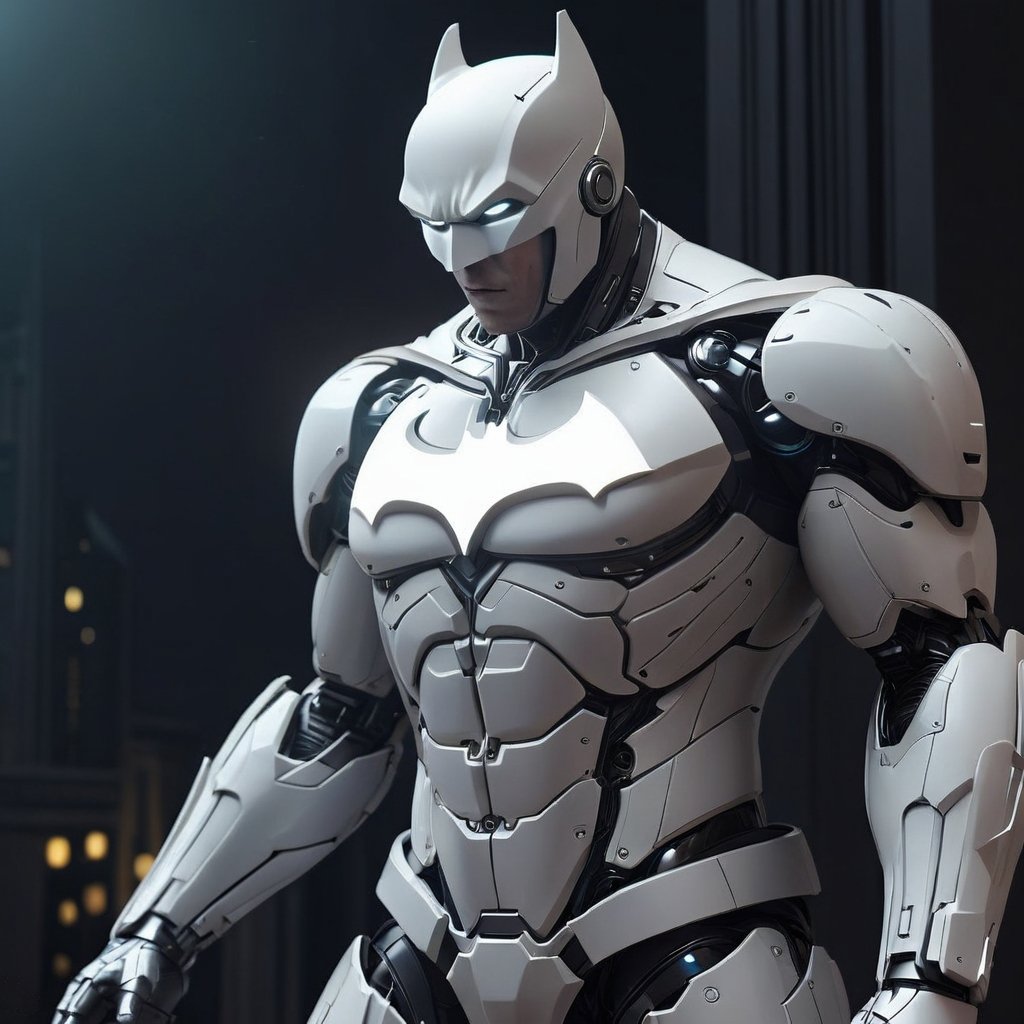 scifi, glowing, neotech, robotic white batman, sanding on a building, dark night,blurry_background, , hyper detailed