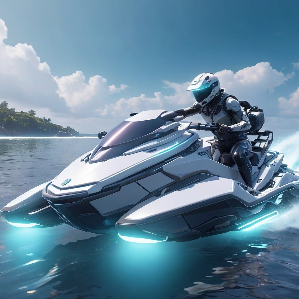 scifi, glowing, neotech, jetski on the coast, , hyper detailed