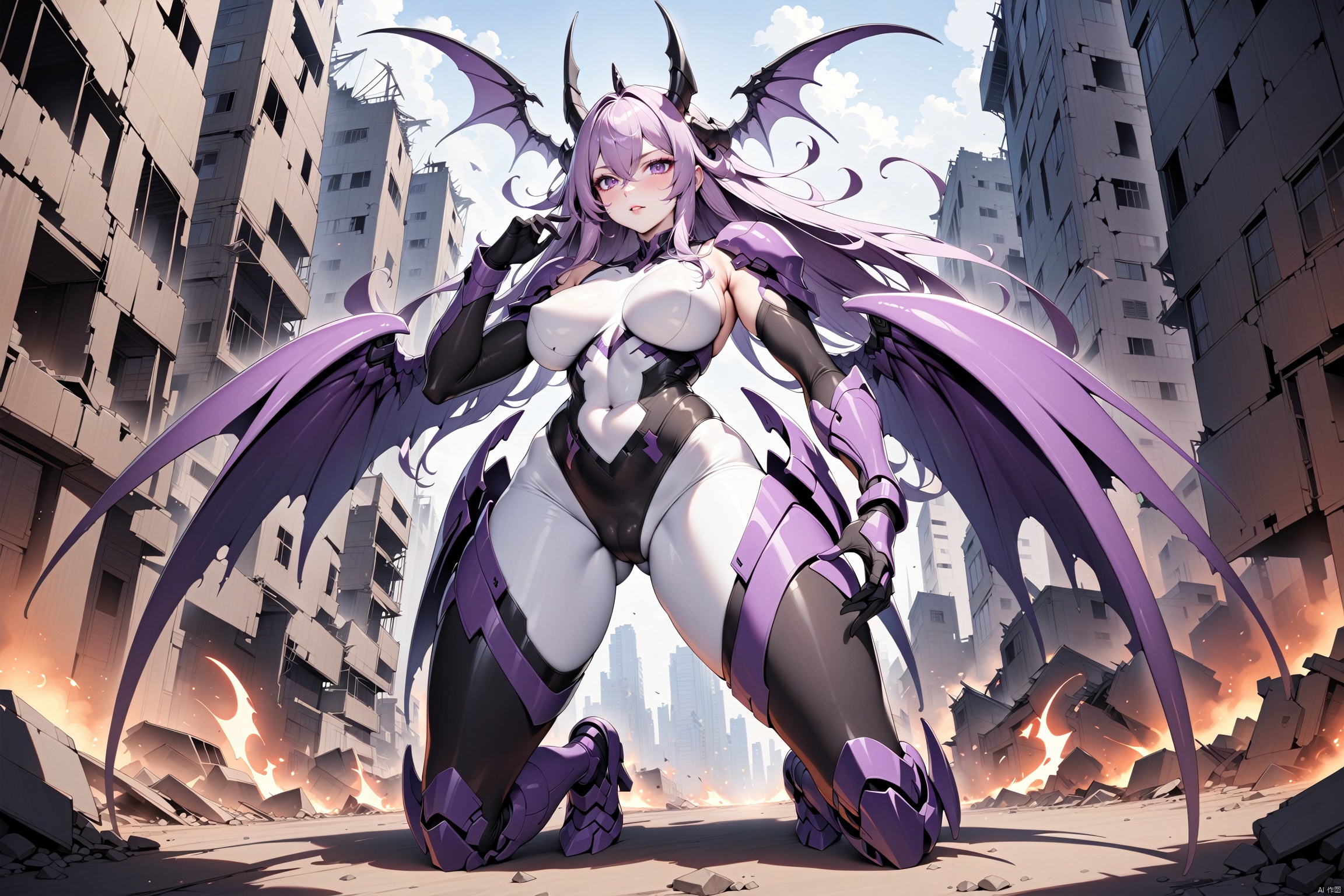  Long boots,gloves,tight fitting clothing,domineering tentacle wings,domineering boots,8k,master's masterpiece,highly detailed,monster woman,ruins scene,tentacle Queen,tentacle queen,Queen of Antennae,Strengthening the details of tight fitting clothing and enhancing the texture of tight fitting clothing,full body photos,There are antennae on top of the head,Clear facial features,adjusting gloves,Light purple hair,Gorgeous breastplate, body, , Queen of Antennae,（ White tight fitting clothes）,HUBG_Mecha_Armor, (masterpiece), （Magic Formation：1.2）, Digital Elements, Cyberpunk Background,HUBG_Mecha_Armor