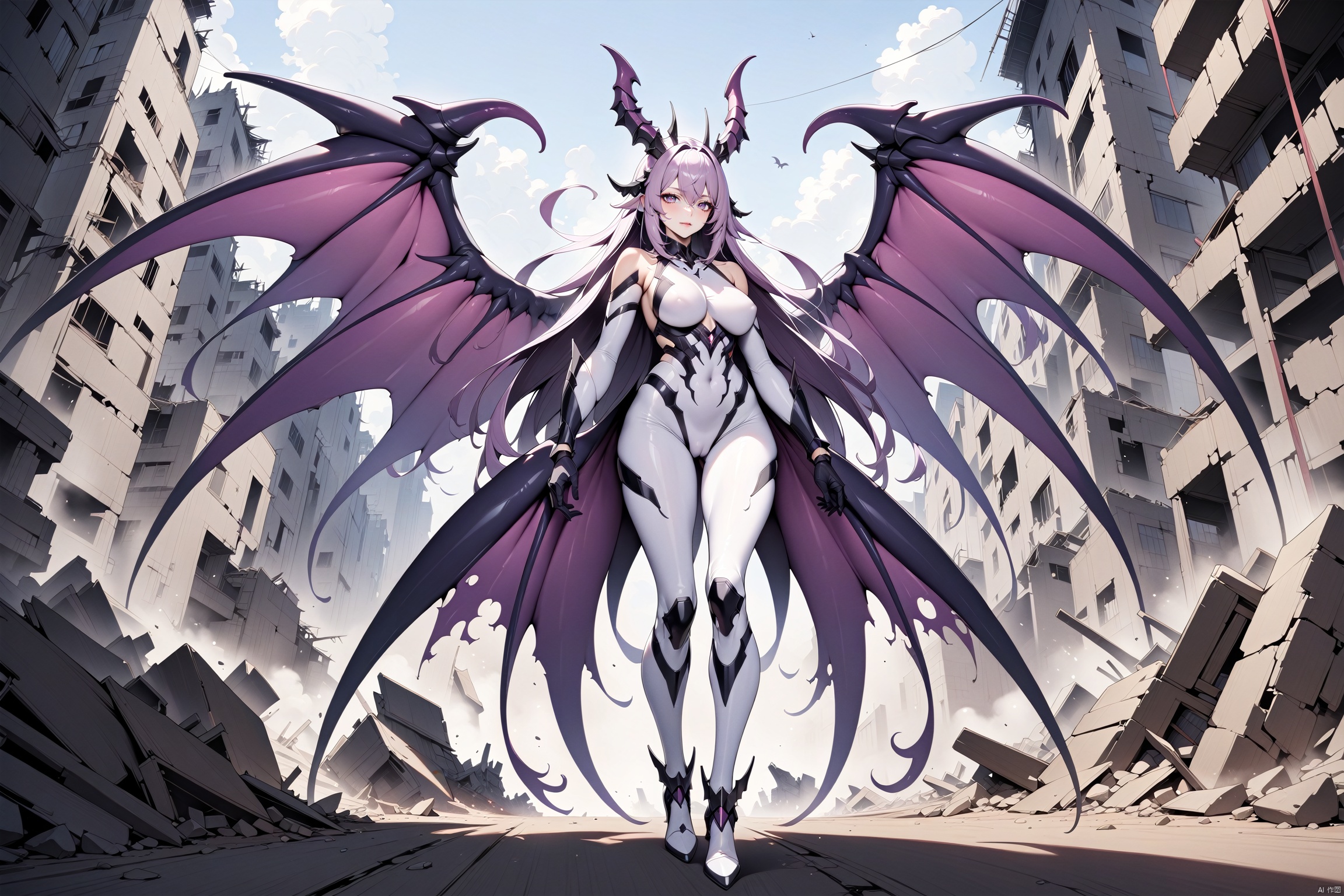 Long boots,gloves,tight fitting clothing,domineering tentacle wings,domineering boots,8k,master's masterpiece,highly detailed,monster woman,ruins scene,tentacle Queen,tentacle queen,Queen of Antennae,Strengthening the details of tight fitting clothing and enhancing the texture of tight fitting clothing,full body photos,There are antennae on top of the head,Clear facial features,adjusting gloves,Light purple hair,Gorgeous breastplate, body, , Queen of Antennae,（ White tight fitting clothes）,HUBG_Mecha_Armor, (masterpiece), Magic Formation, Digital Elements, Cyberpunk Background,HUBG_Mecha_Armor