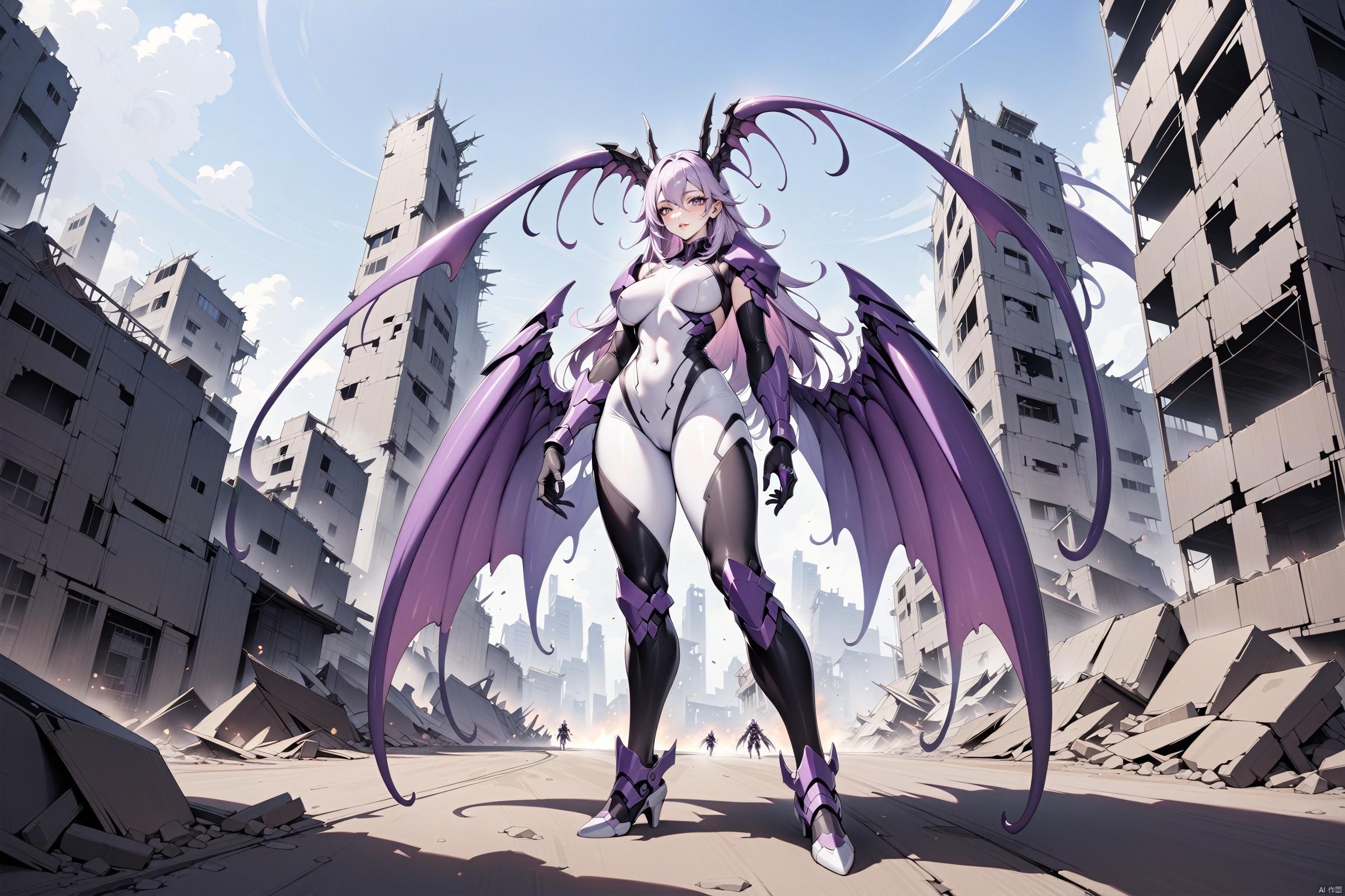  Long boots,gloves,tight fitting clothing,domineering tentacle wings,domineering boots,8k,master's masterpiece,highly detailed,monster woman,ruins scene,tentacle Queen,tentacle queen,Queen of Antennae,Strengthening the details of tight fitting clothing and enhancing the texture of tight fitting clothing,full body photos,There are antennae on top of the head,Clear facial features,adjusting gloves,Light purple hair,Gorgeous breastplate, body, , Queen of Antennae,（ White tight fitting clothes）,HUBG_Mecha_Armor, (masterpiece), （Magic Formation：1.2）, Digital Elements, Cyberpunk Background,HUBG_Mecha_Armor