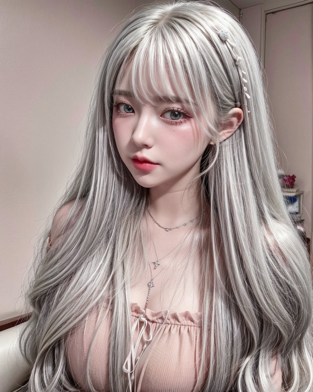 Long、kawaii girl、mascara、(White hair)、red eyes、Zito-order、childish、kawaii、Curly hair、White hair、limited palette、 on Tensor...