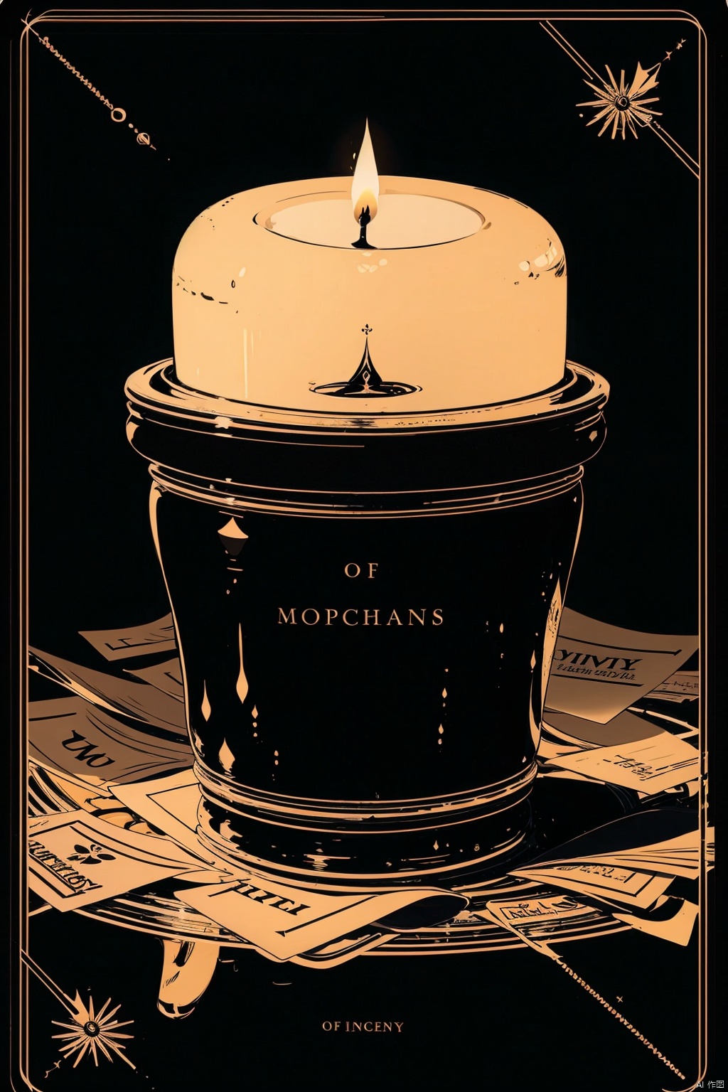 line,symbol,card,simple background,monochrome,english text,no humans,black background,candle,still life<lora:EMS-309820-EMS:0.800000>