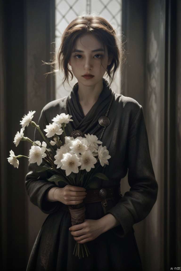  by Doris Boulton-Maude, The devoted wife of Balder in Norse mythology, Nanna emanates loyalty, with a serene countenance and a bouquet of eternal blossoms in her hand, (magnificent background, full of details:1.2), (dieselpunk, spacepunk:1.2), Quantum Noir Realism, probabilistic shadows, uncertain cityscapes, noir paradoxes, quantum brushwork, (masterpiece, intricate details:1.2), looking at viewer, dynamic pose, style of Nicola Samori , monkren, sunlight