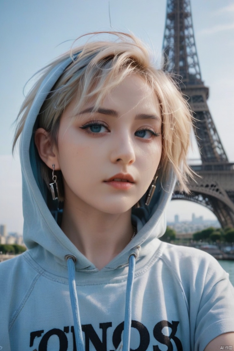  medium shot, pov, taking selfie, girl, Holo Punk Style, 
razorcut long blonde pixie haircut, side hair shaved, ocean blue eyes, earrings, eyelashes, 
eyeliner, oversize hoodie, denim shorts, punkish, cinematic angle, Eiffel tower on background
